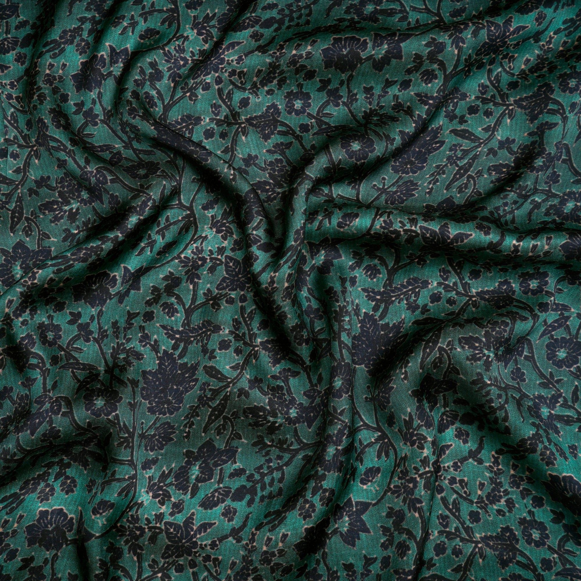 Dark Greren Floral Pattern Digital Print-Modal Satin Fabric