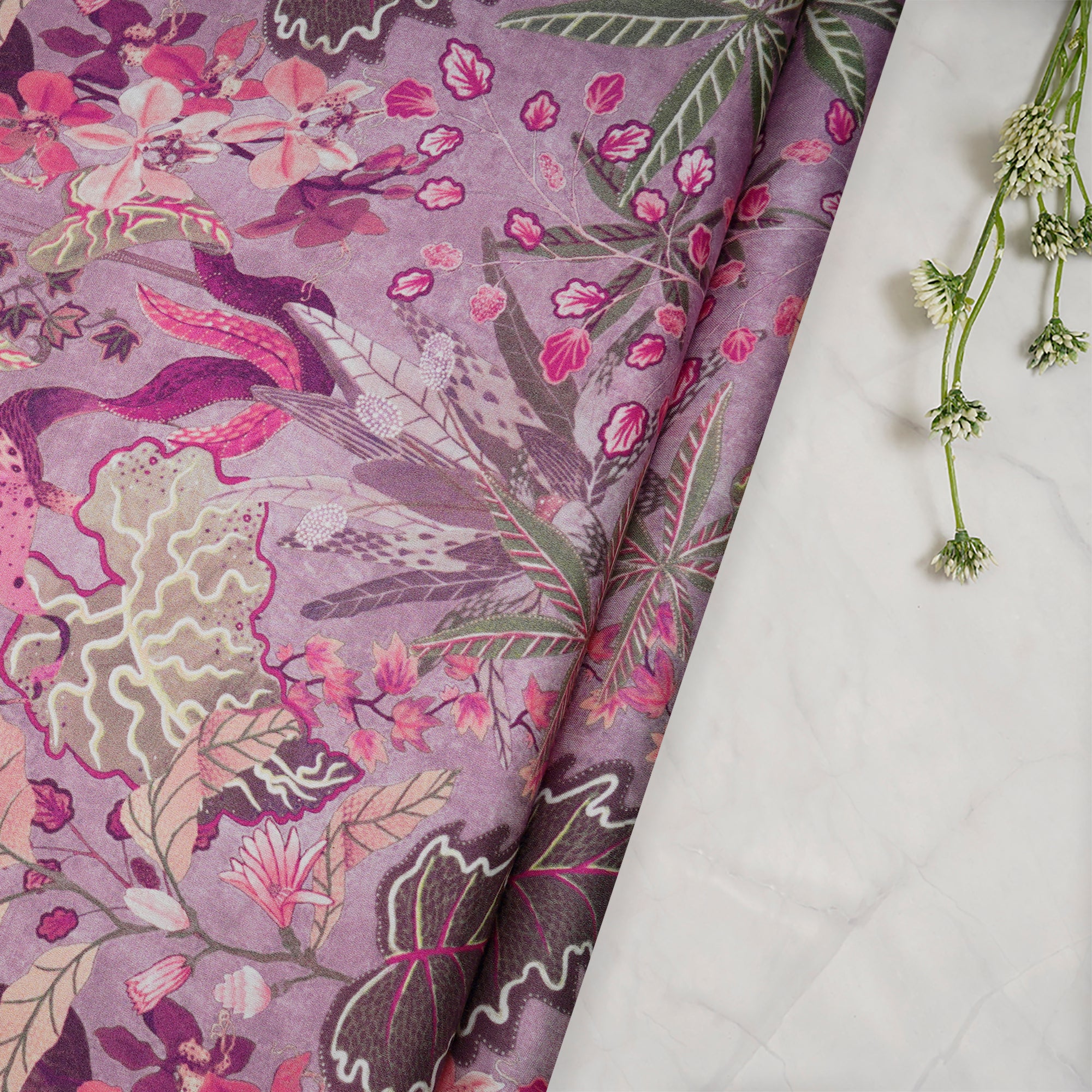 Lavender Floral Pattern Digital Print Modal Satin Fabric