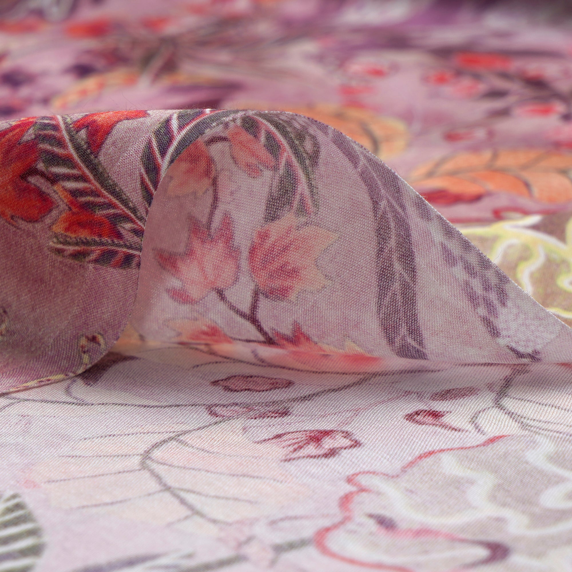 Baby Pink Floral Pattern Digital Print Modal Satin Fabric
