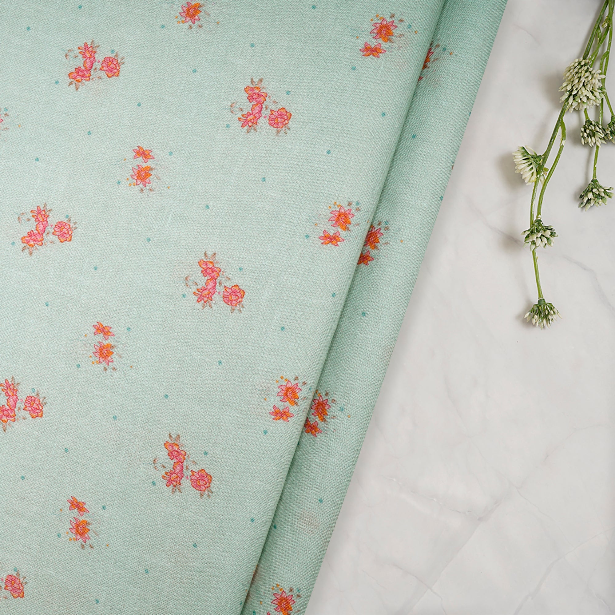 Pastel Green Floral Pattern Digital Print Pure Linen Fabric