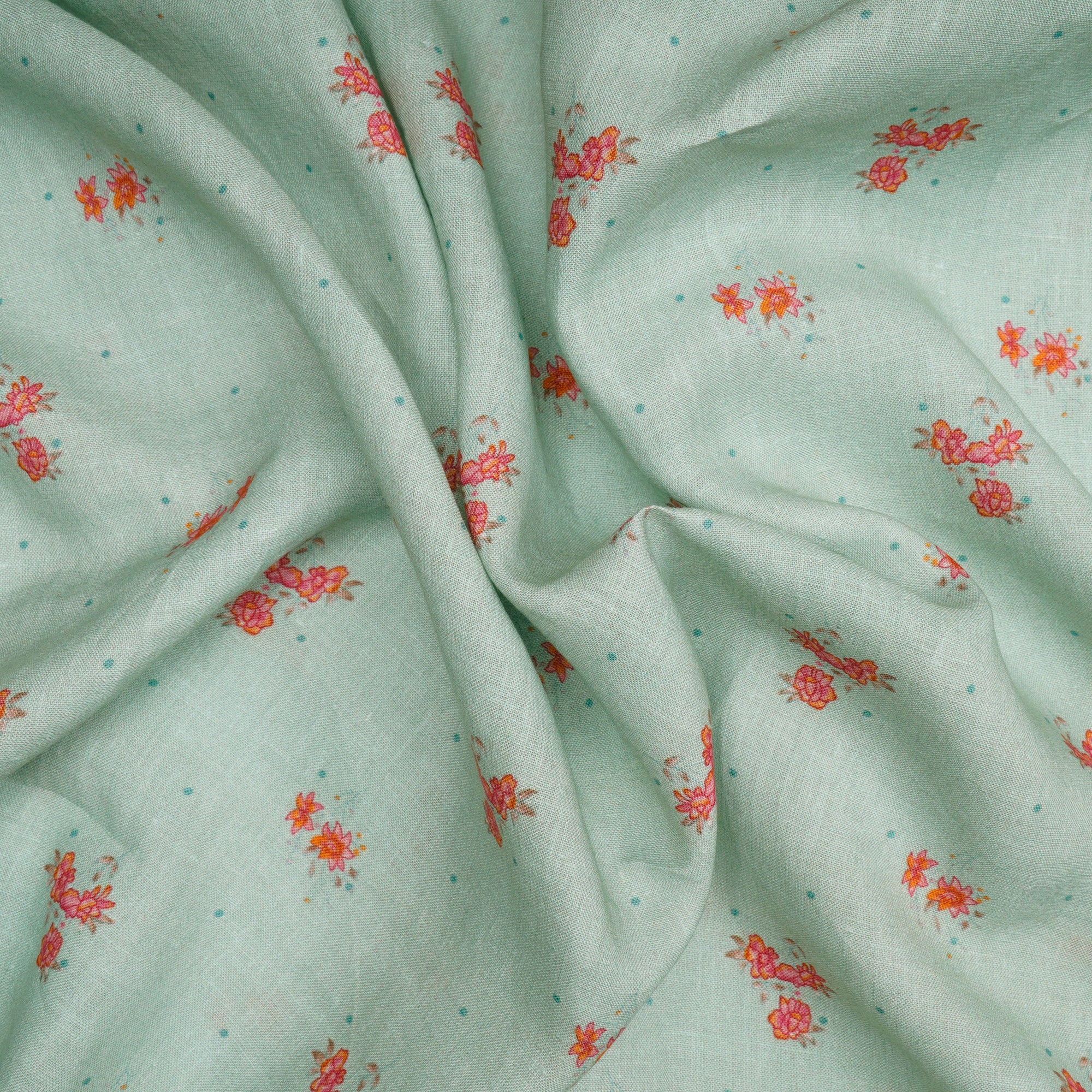 Pastel Green Floral Pattern Digital Print Pure Linen Fabric