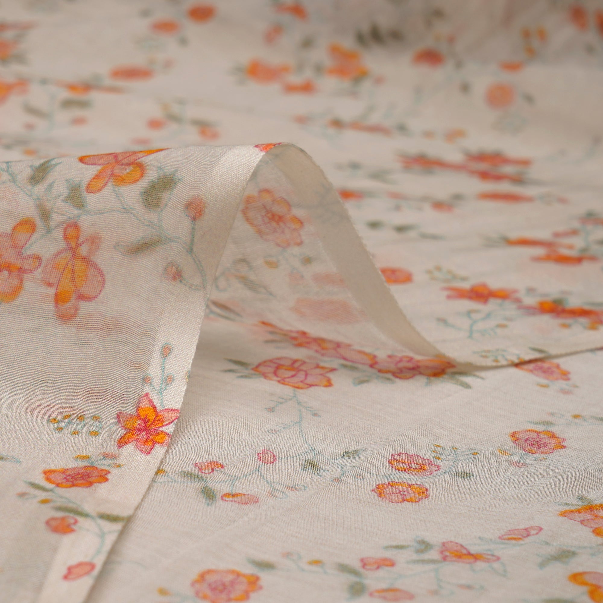 Off-White Floral Pattern Digital Print Fine Mul Chanderi Fabric