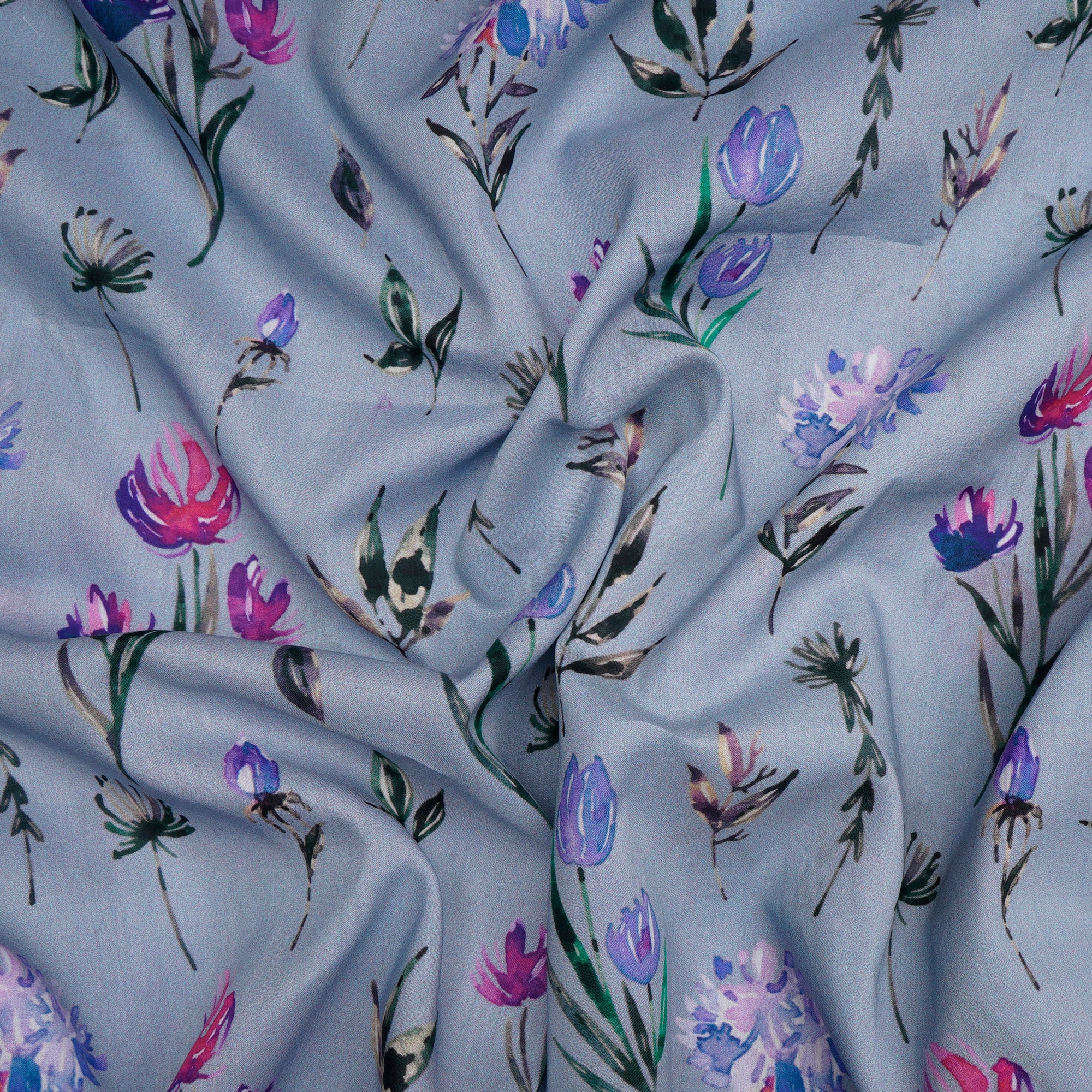 Powder Blue Floral Pattern Digital Print Lawn Cotton Fabric