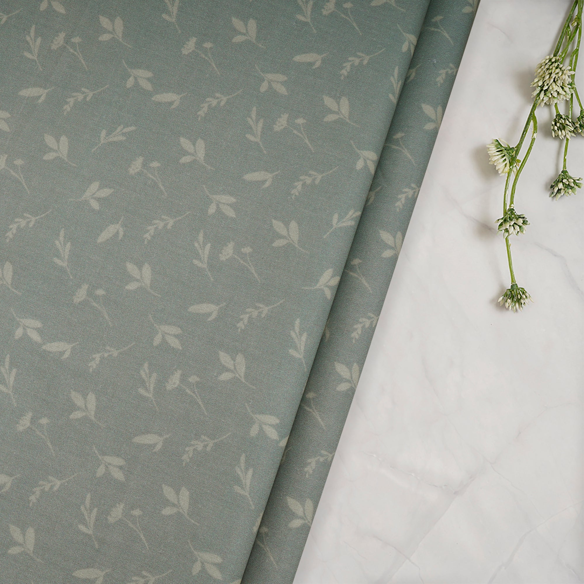 Milky Green Leaf Pattern Digital Print Cambric Fabric