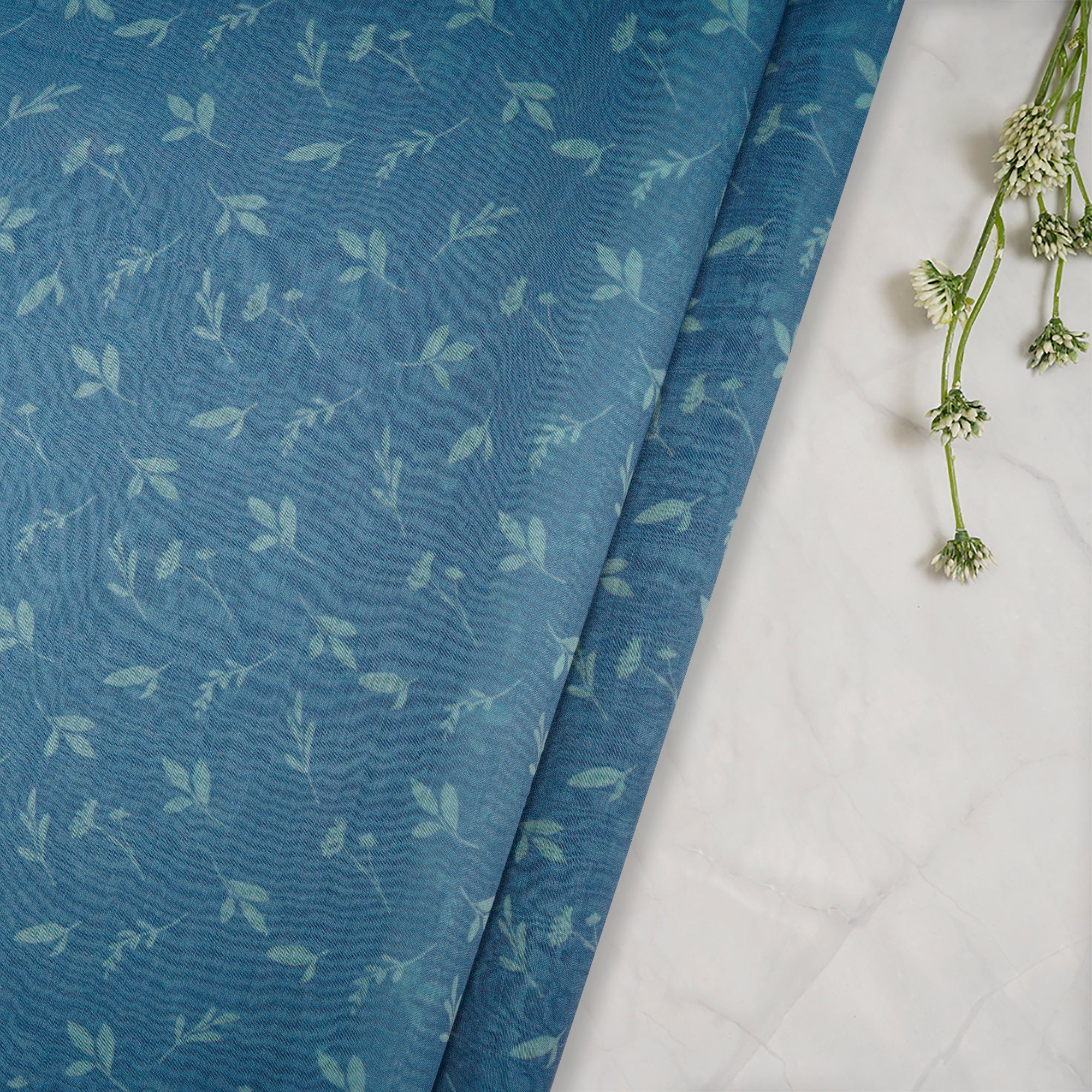 Moonlight Blue Floral Pattern Digital Print Chanderi Fabric