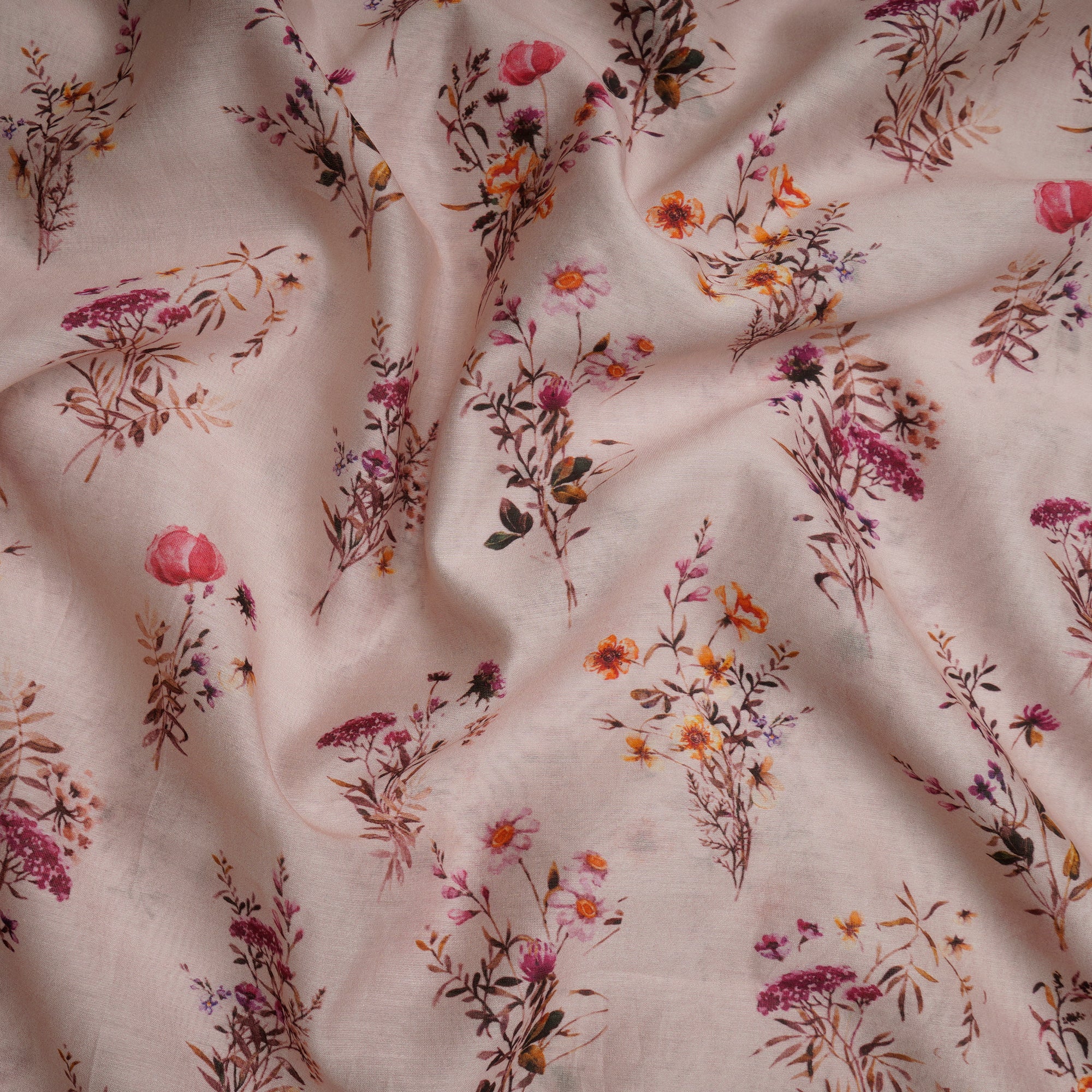 Baby Pink Floral Pattern Digital Print Chanderi Fabric