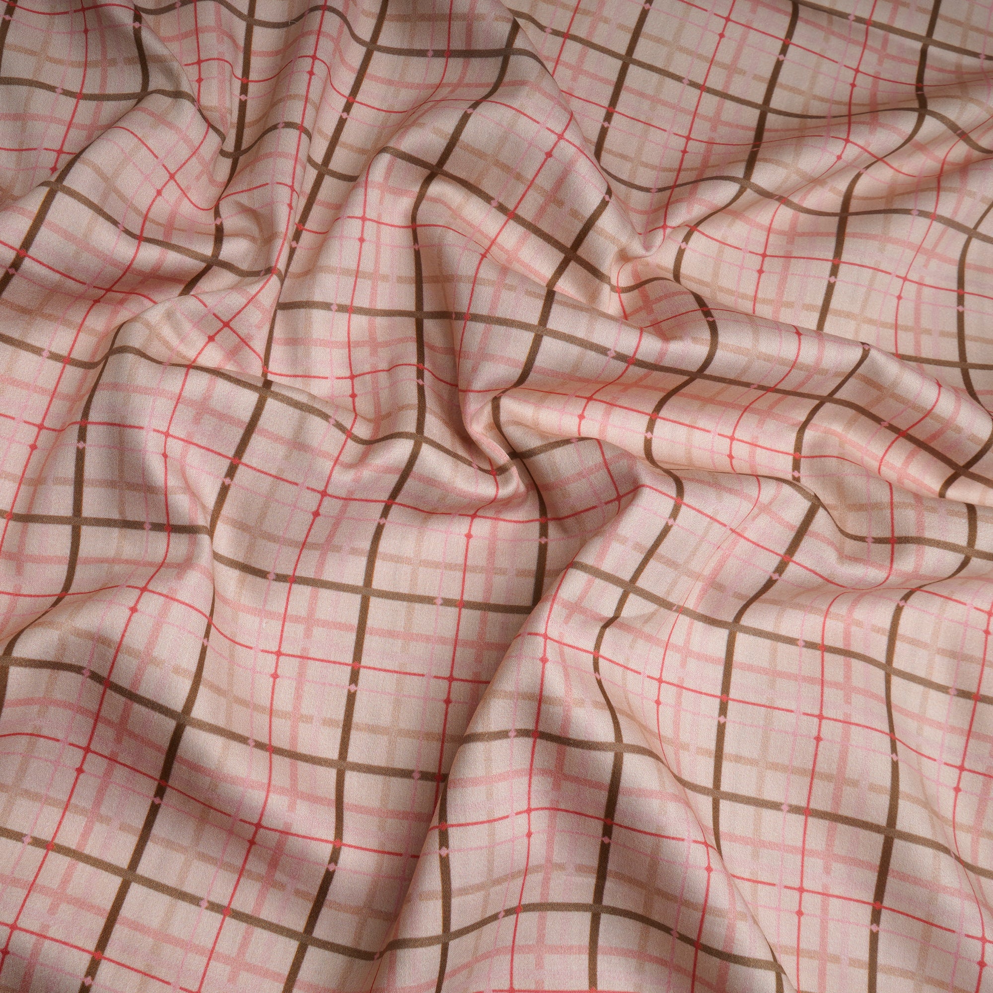 Peach Check Pattern Digital Print Cotton Satin Fabric