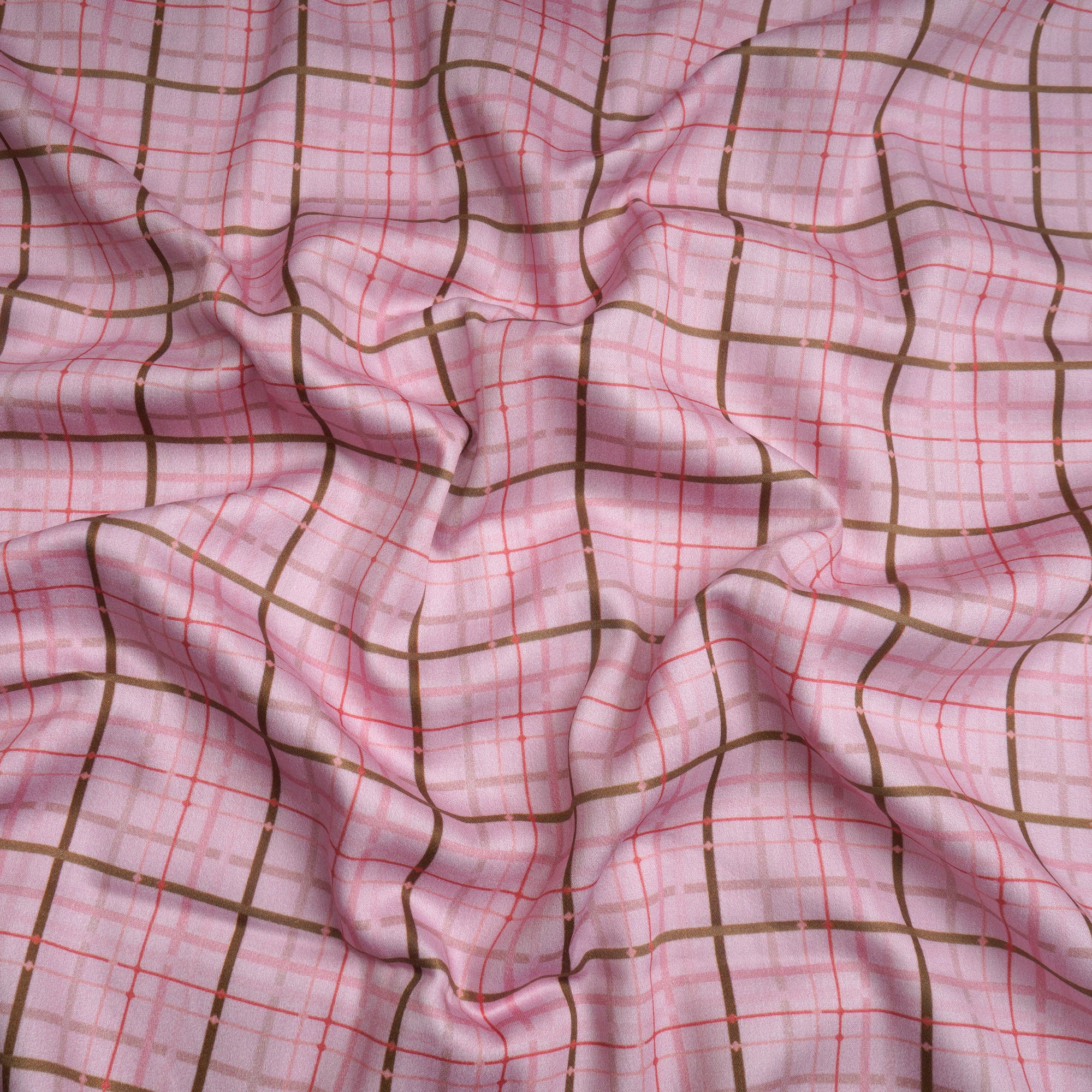Baby Pink Check Pattern Digital Print Cotton Satin Fabric