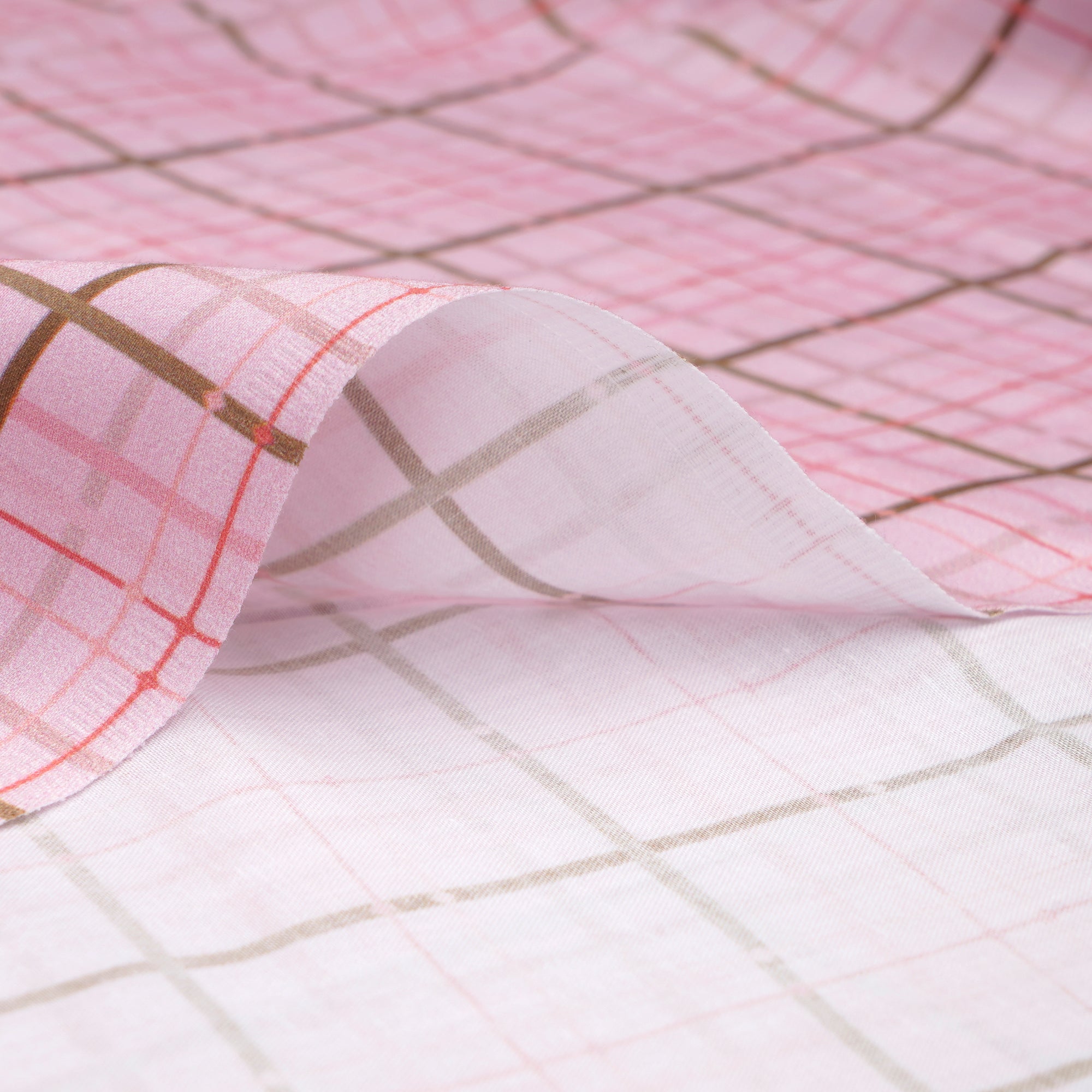 Baby Pink Check Pattern Digital Print Cotton Satin Fabric