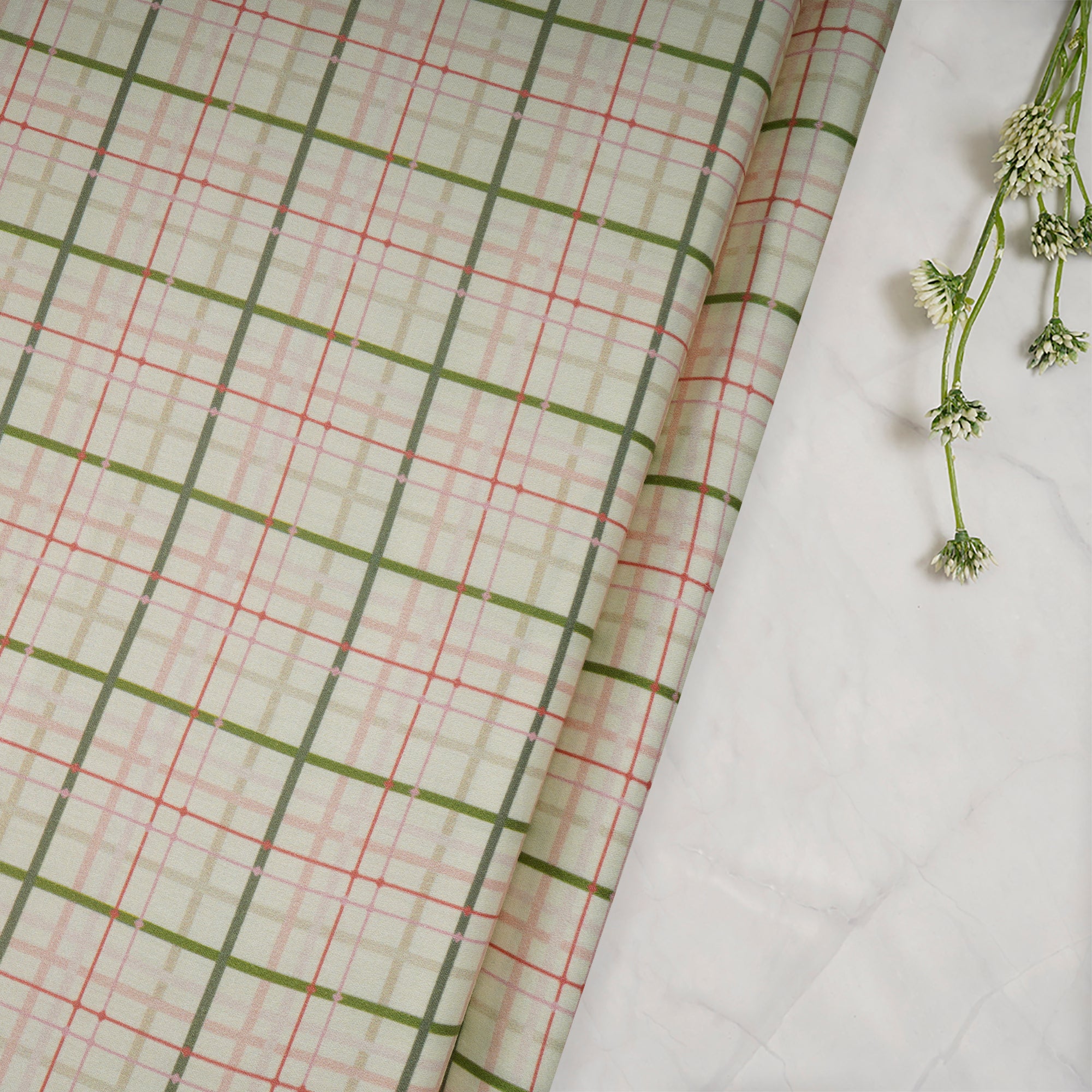 Sylvan Green Check Pattern Digital Print Cotton Satin Fabric