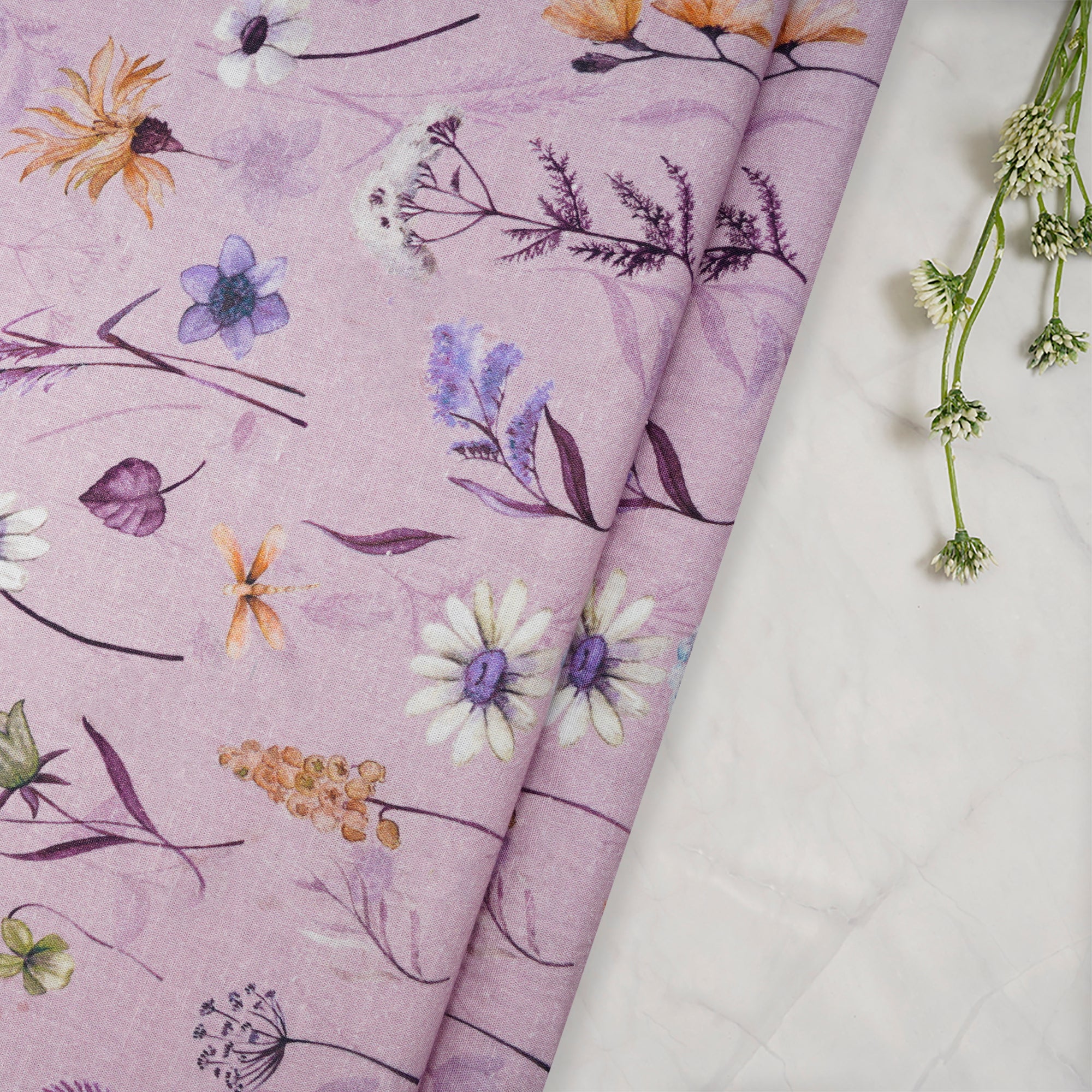 Lavender Floral Pattern Digital Print Flax Cotton Fabric