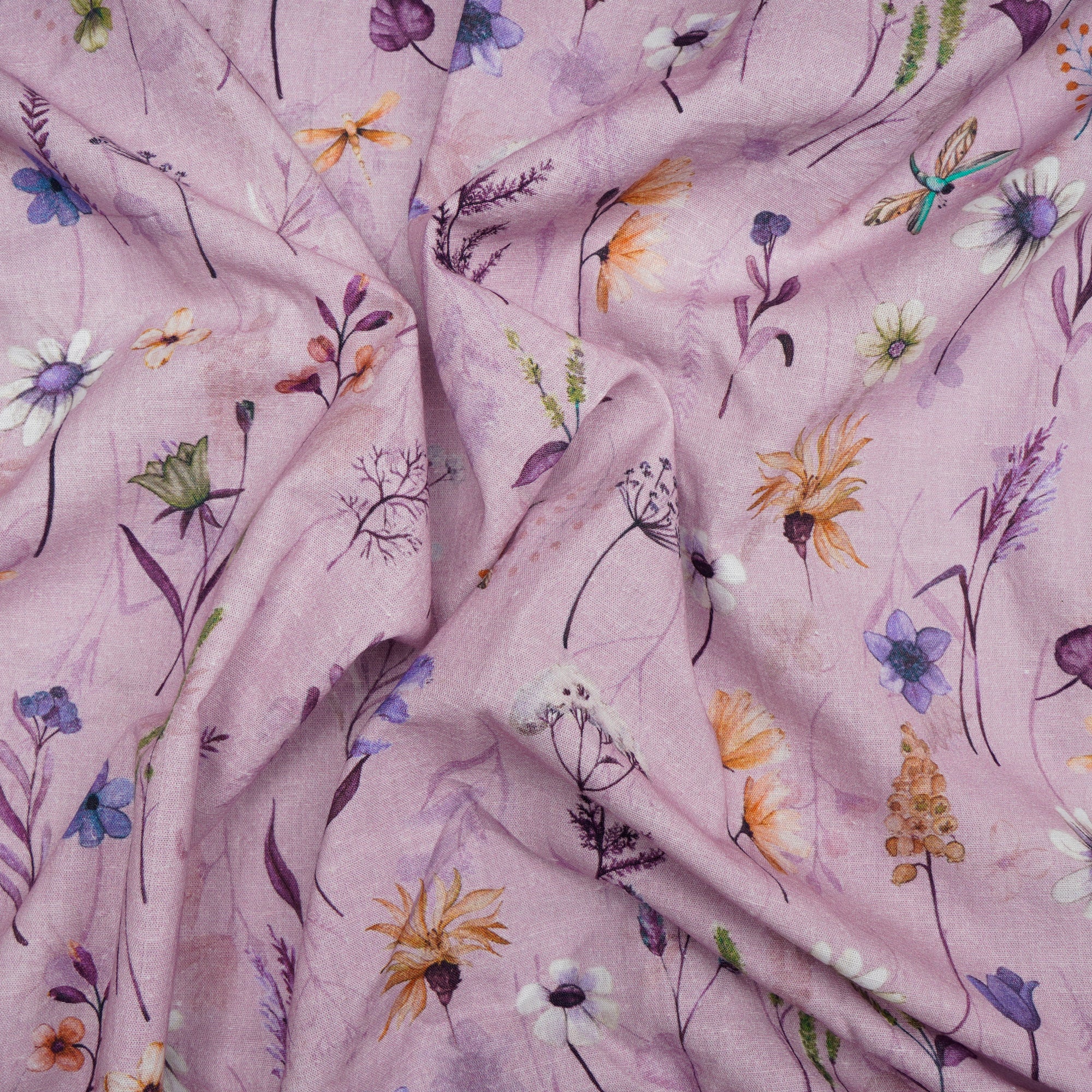 Lavender Floral Pattern Digital Print Flax Cotton Fabric
