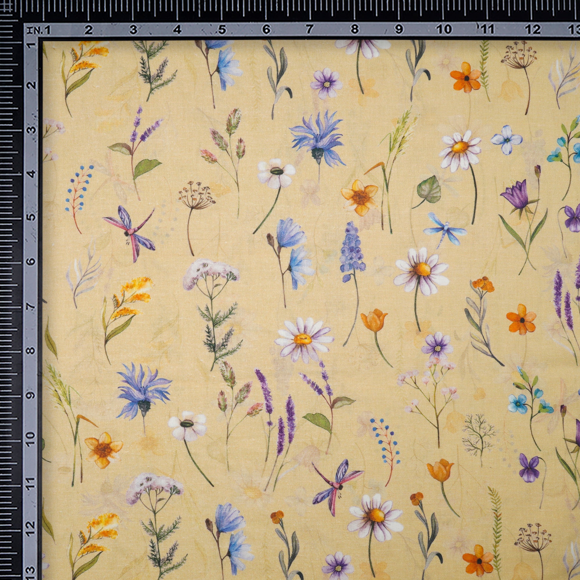 Light Yellow Floral Pattern Digital Print Flax Cotton Fabric