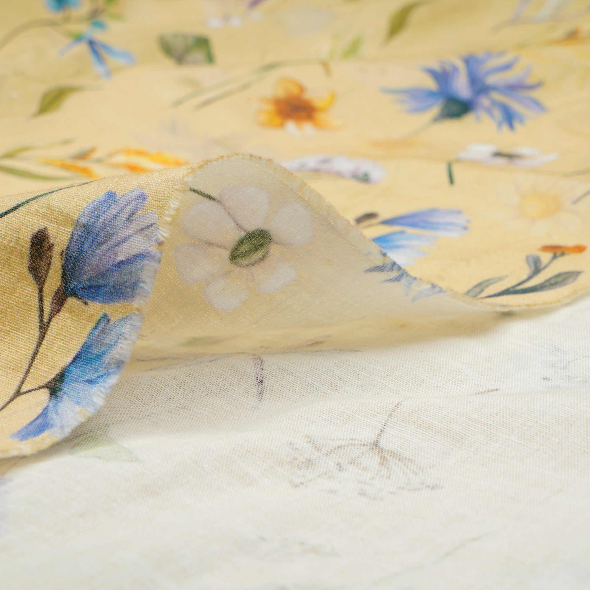 Light Yellow Floral Pattern Digital Print Flax Cotton Fabric