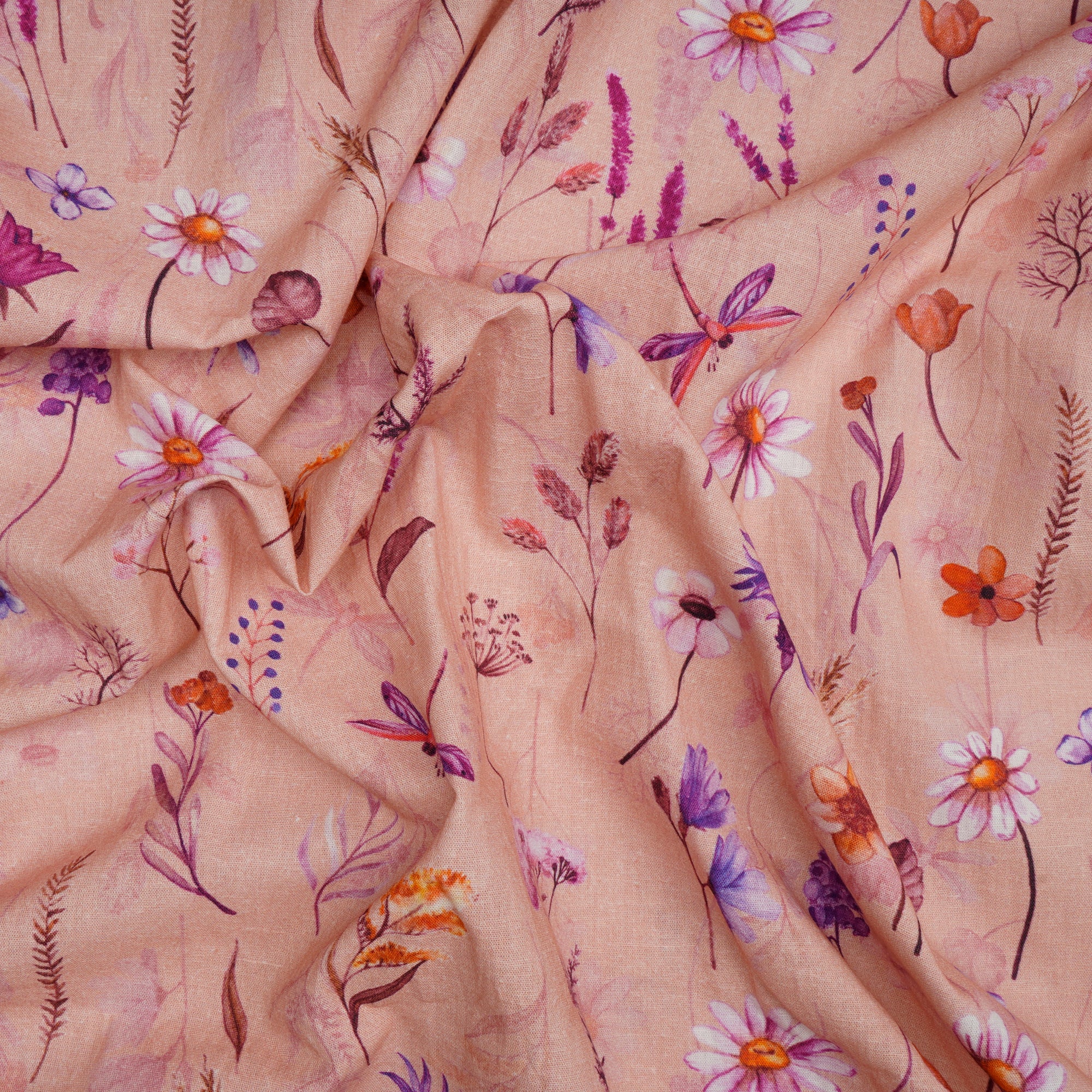 Peach Floral Pattern Digital Print Flax Cotton Fabric