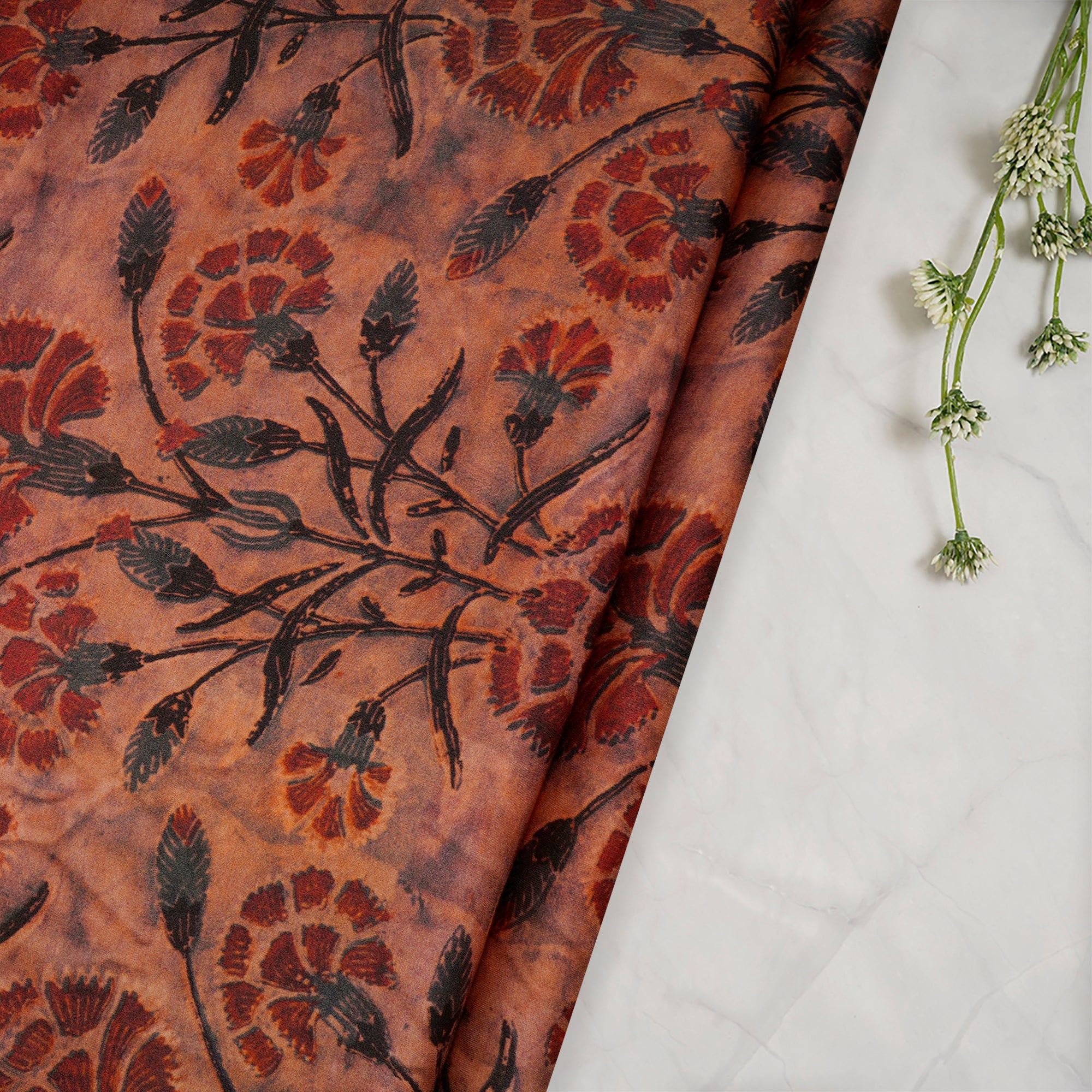 Beige Floral Pattern Digital Print Modal Satin Fabric