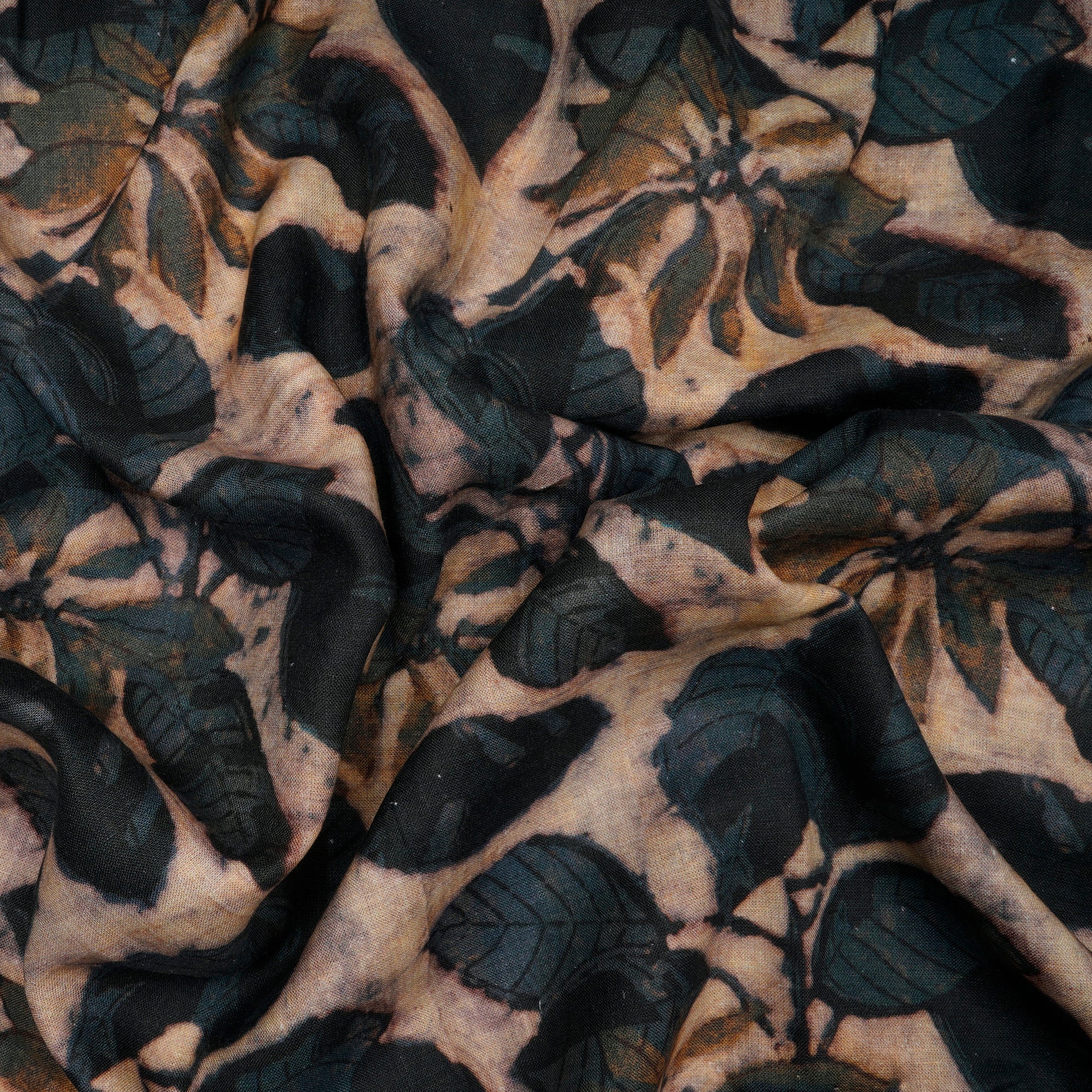 Brown-Black Floral Pattern Digital Print Pure Linen Fabric