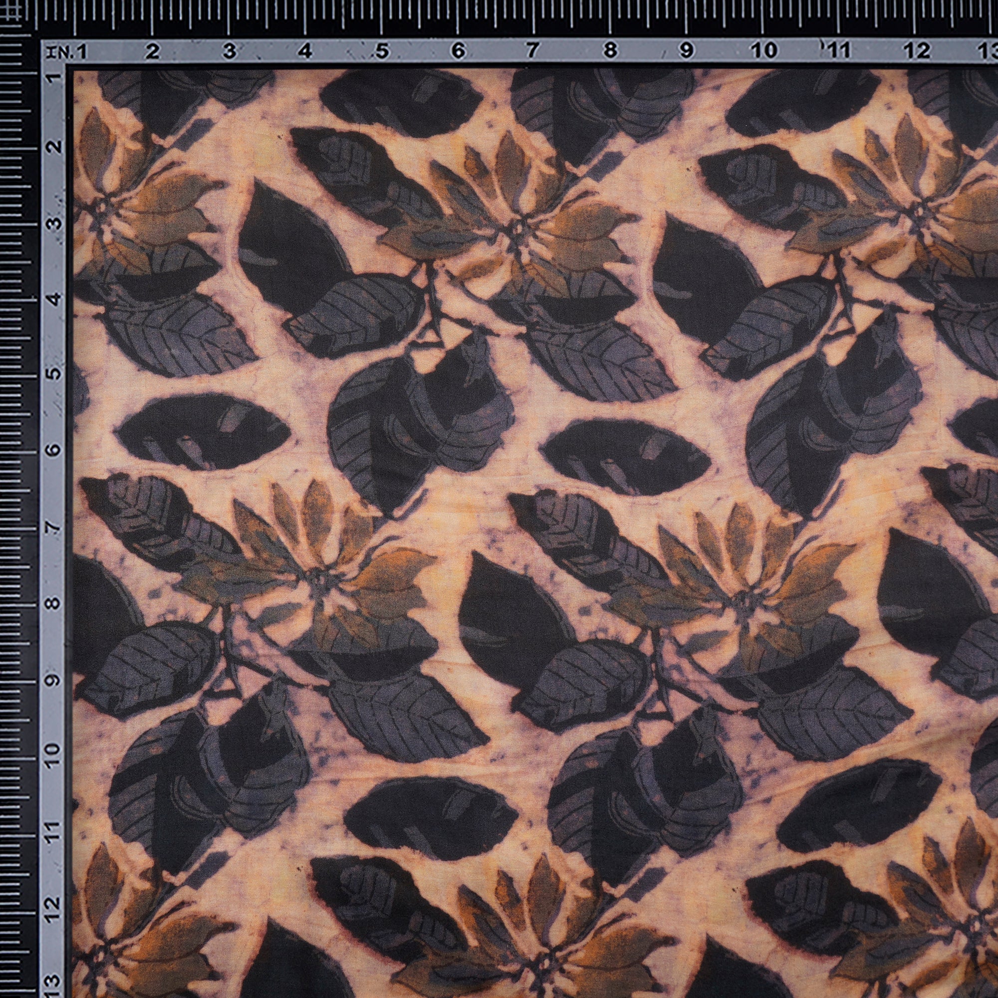 Beige Leaf Pattern Digital Print-Modal Satin Fabric