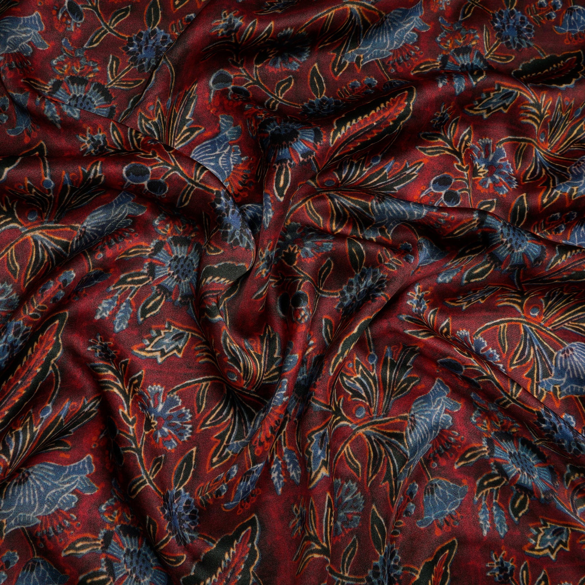 Dark Red Floral Pattern Digital Print Modal Satin Fabric
