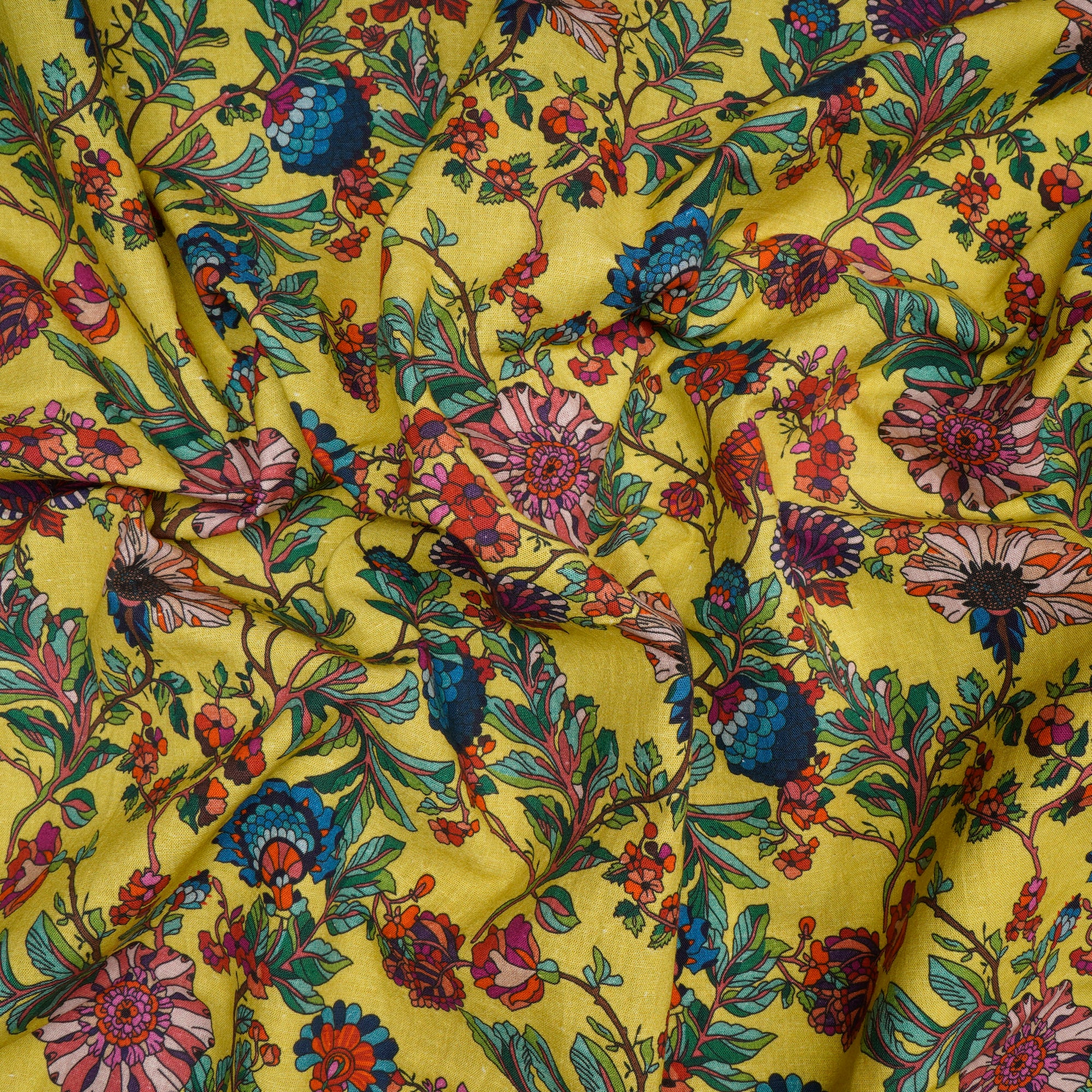 Yellow Floral Pattern Digital Print Flax Cotton Fabric