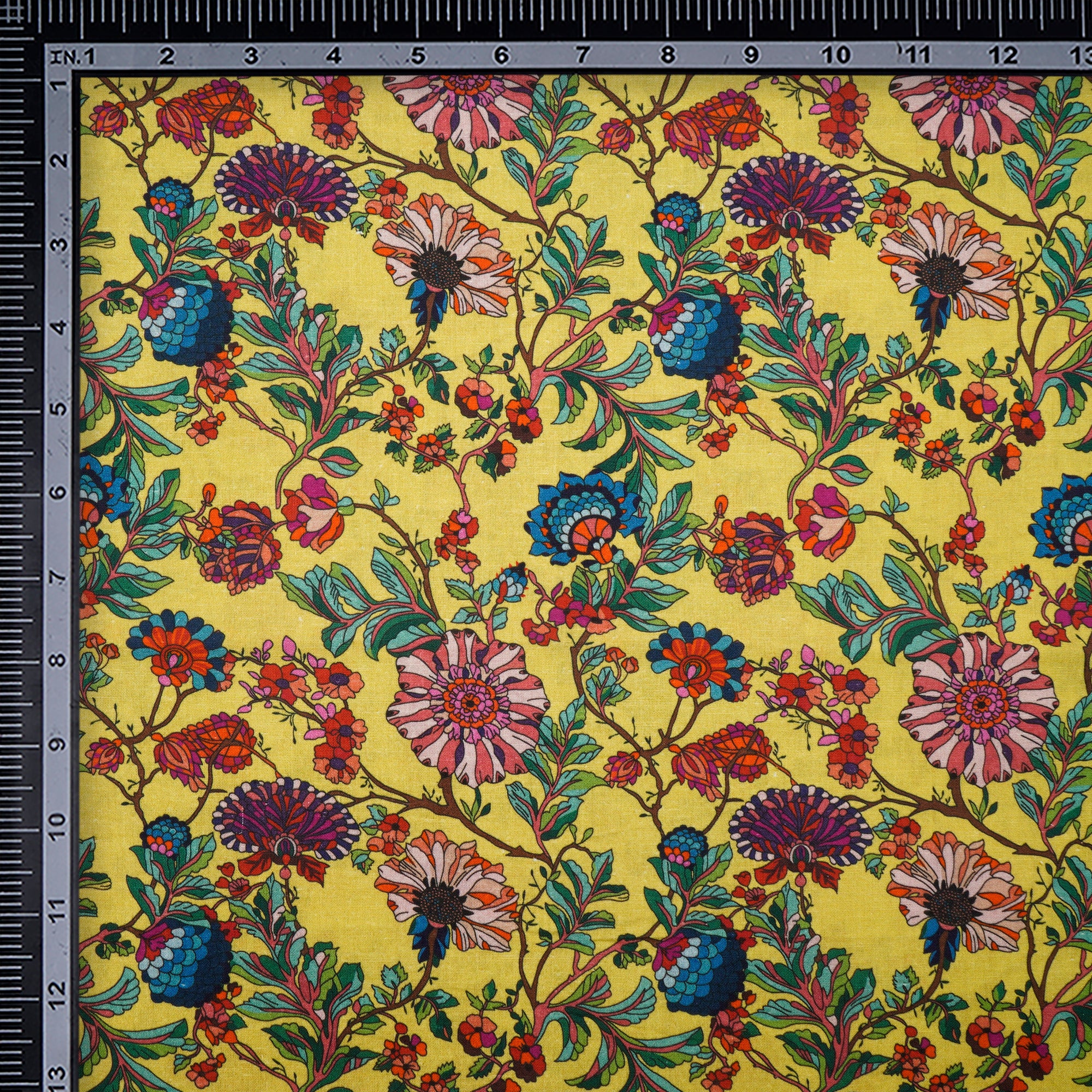 Yellow Floral Pattern Digital Print Flax Cotton Fabric