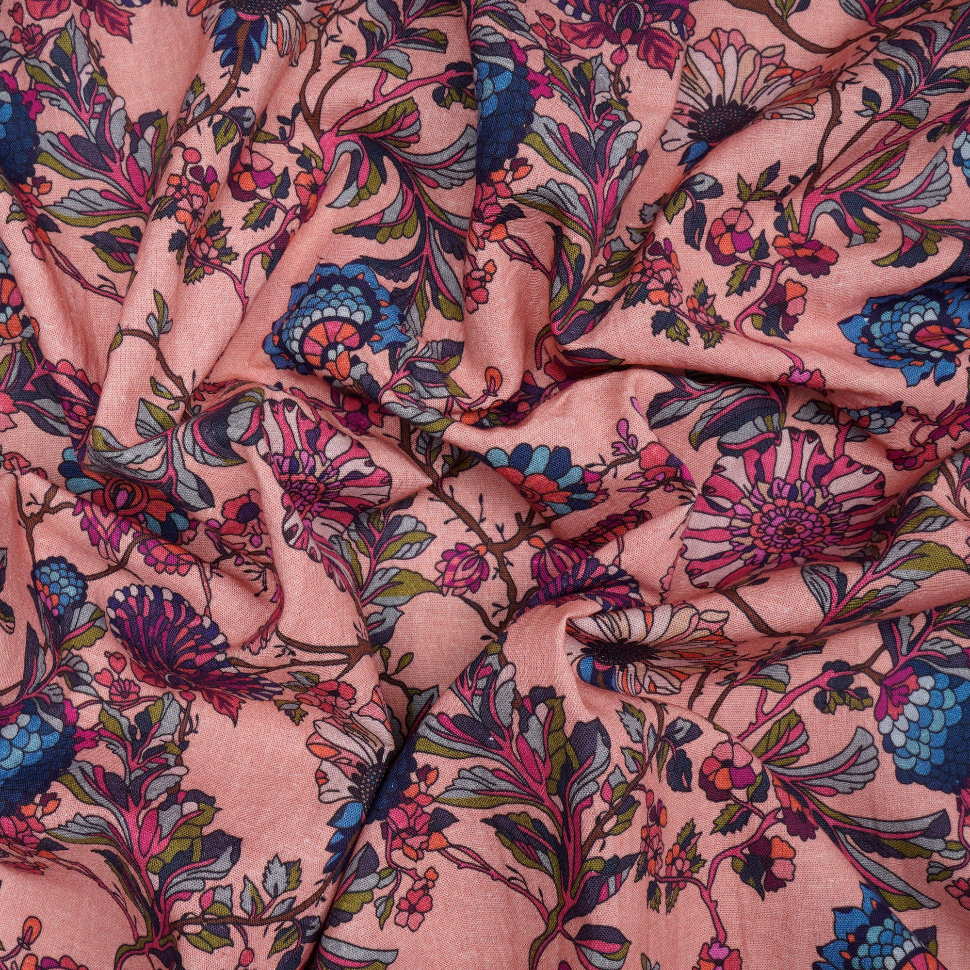 Peach Floral Pattern Digital Print Flax Cotton Fabric