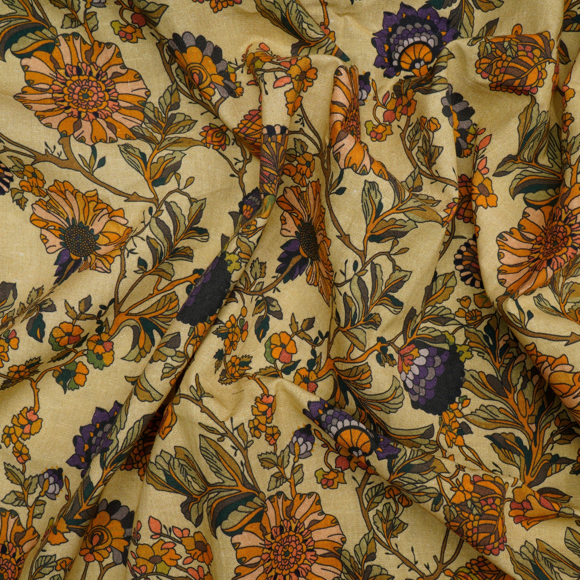 Light Yellow Floral Pattern Digital Print Flax Cotton Fabric