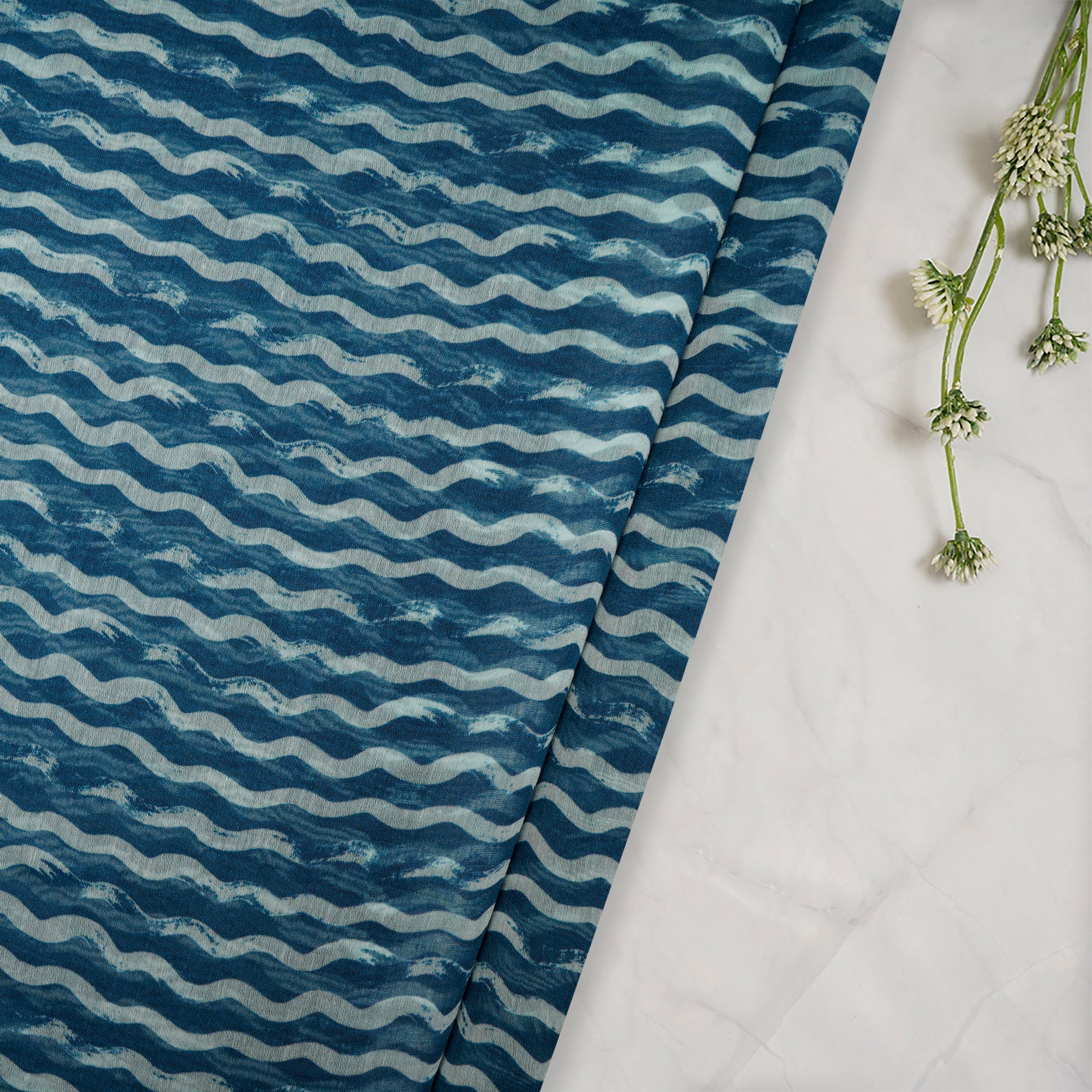 Real Teal-White Stripe Pattern Digital Print Fine Chanderi Fabric