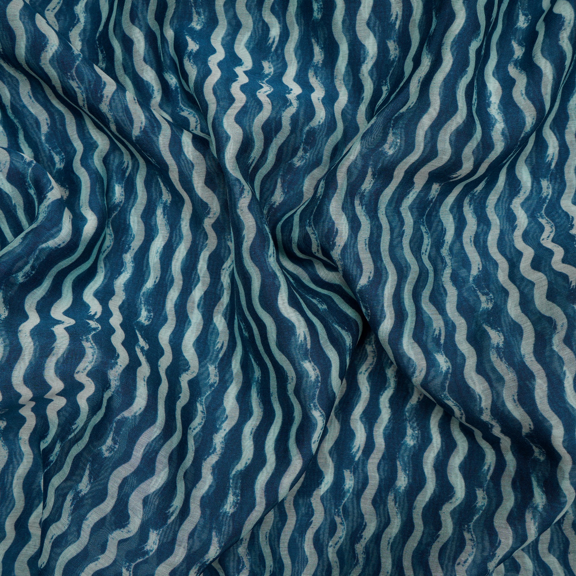 Real Teal-White Stripe Pattern Digital Print Fine Chanderi Fabric