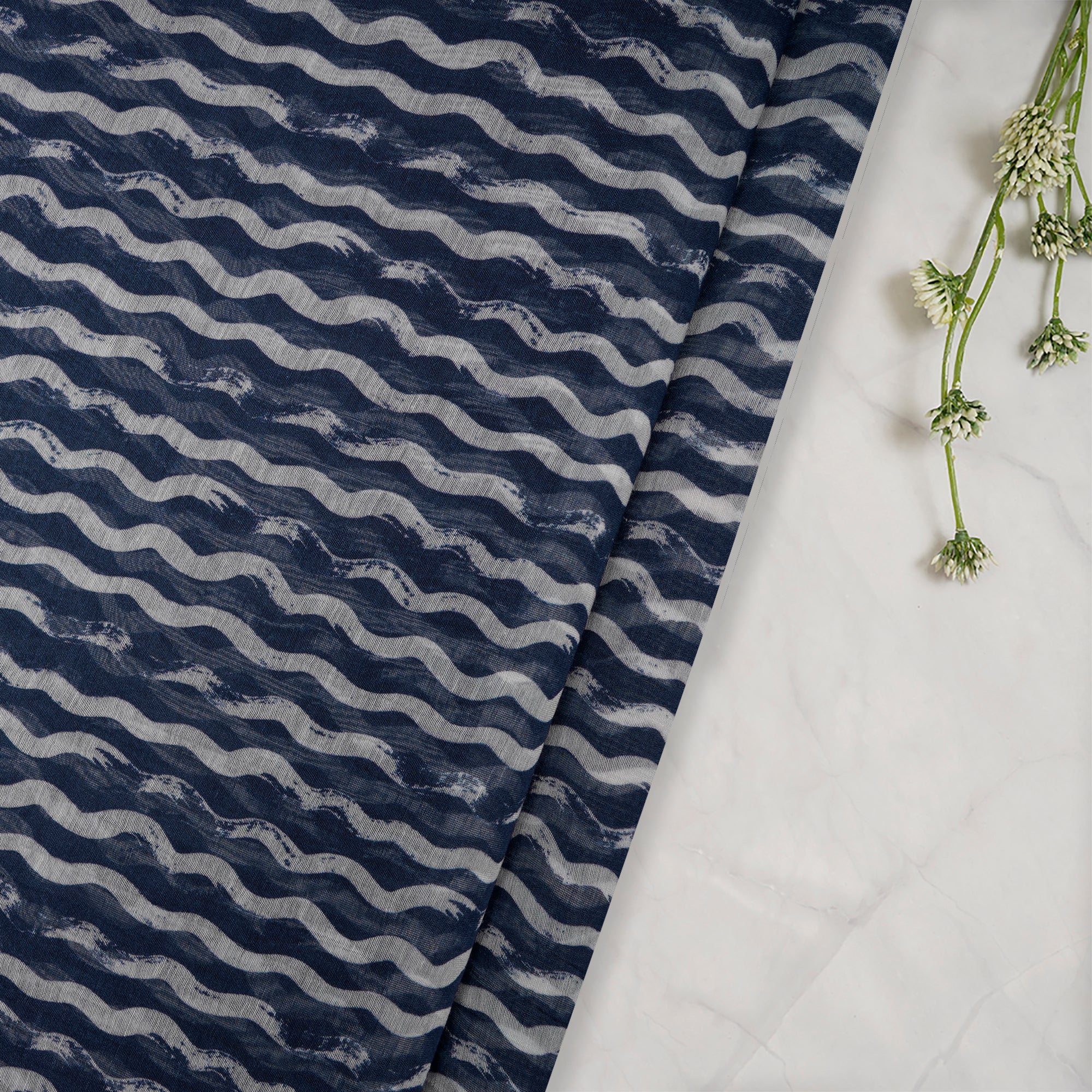 Oceana-White Stripe Pattern Digital Print Fine Chanderi Fabric