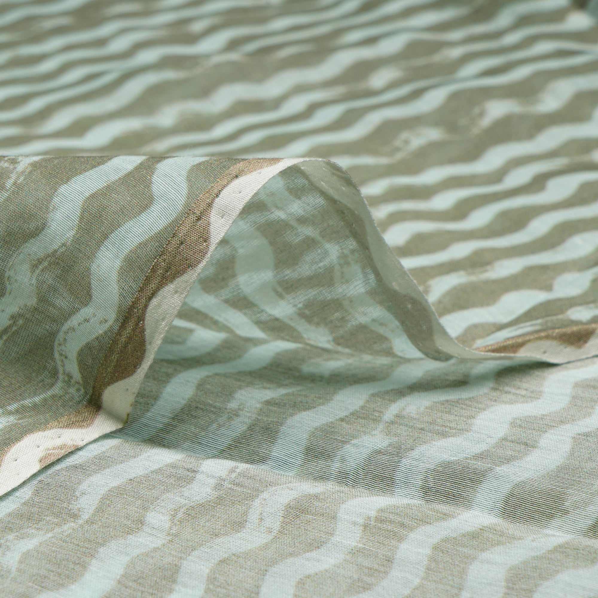 Sage-White Stripe Pattern Digital Print Fine Chanderi Fabric