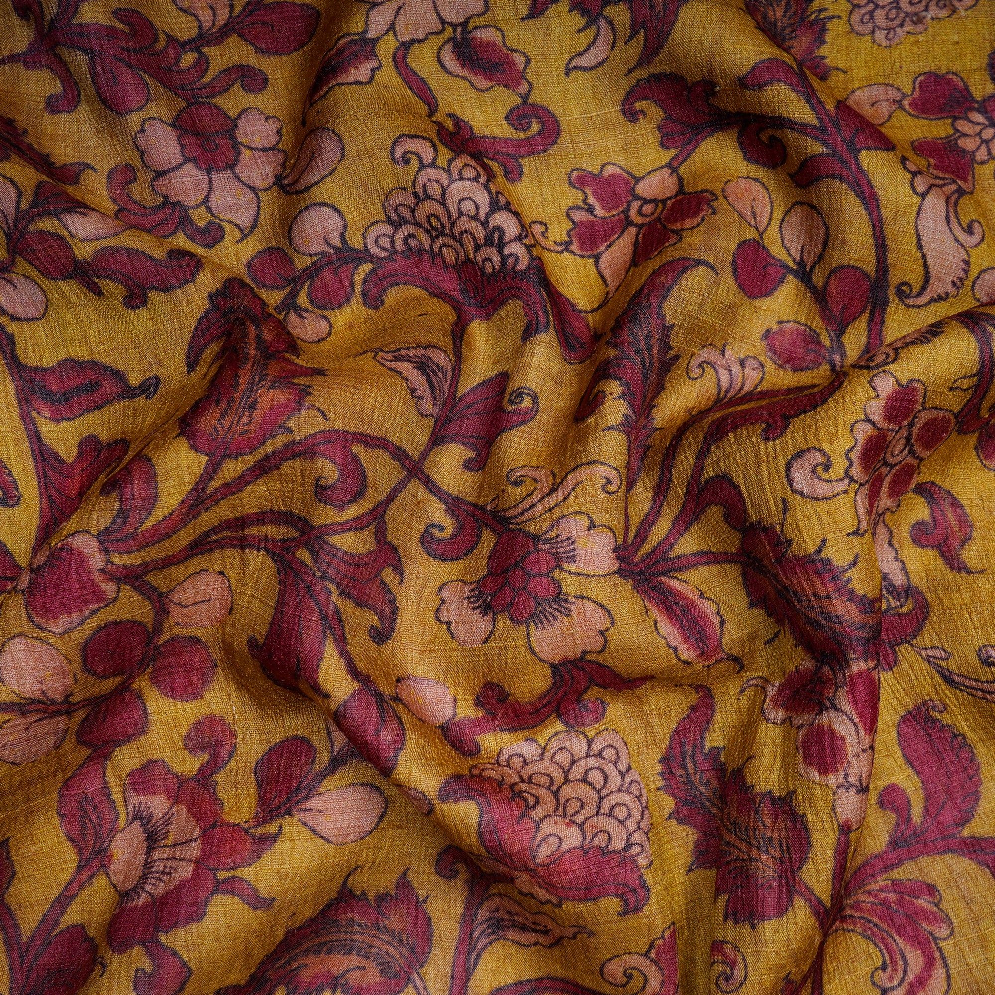 Ceylon Yellow Floral Pattern Digital Print Tusser Silk Fabric