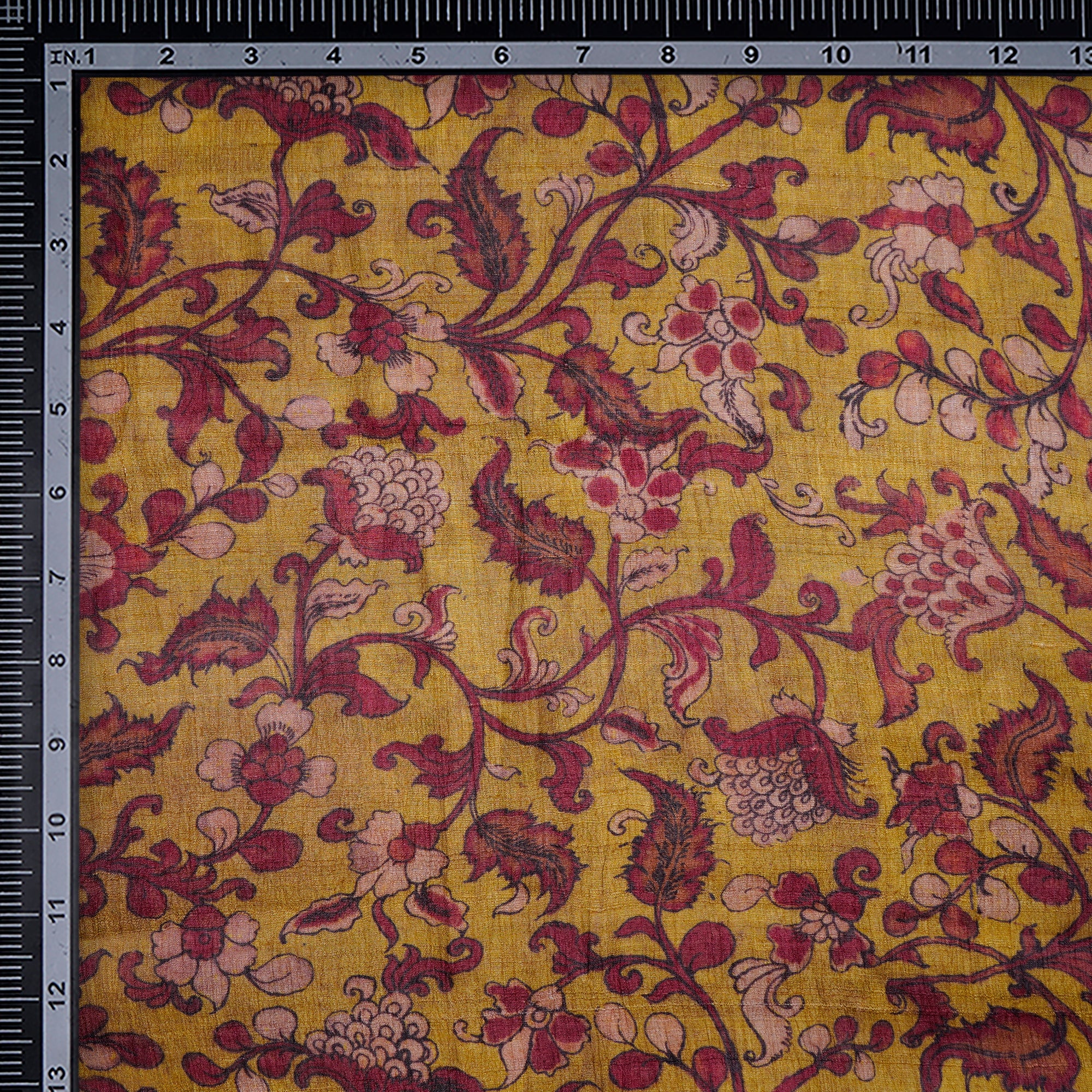 Ceylon Yellow Floral Pattern Digital Print Tusser Silk Fabric