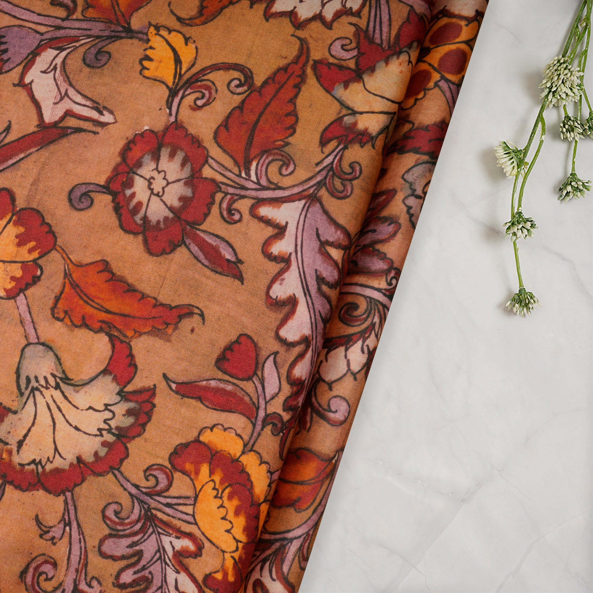 Light Brown Floral Pattern Digital Print Modal Satin Fabric