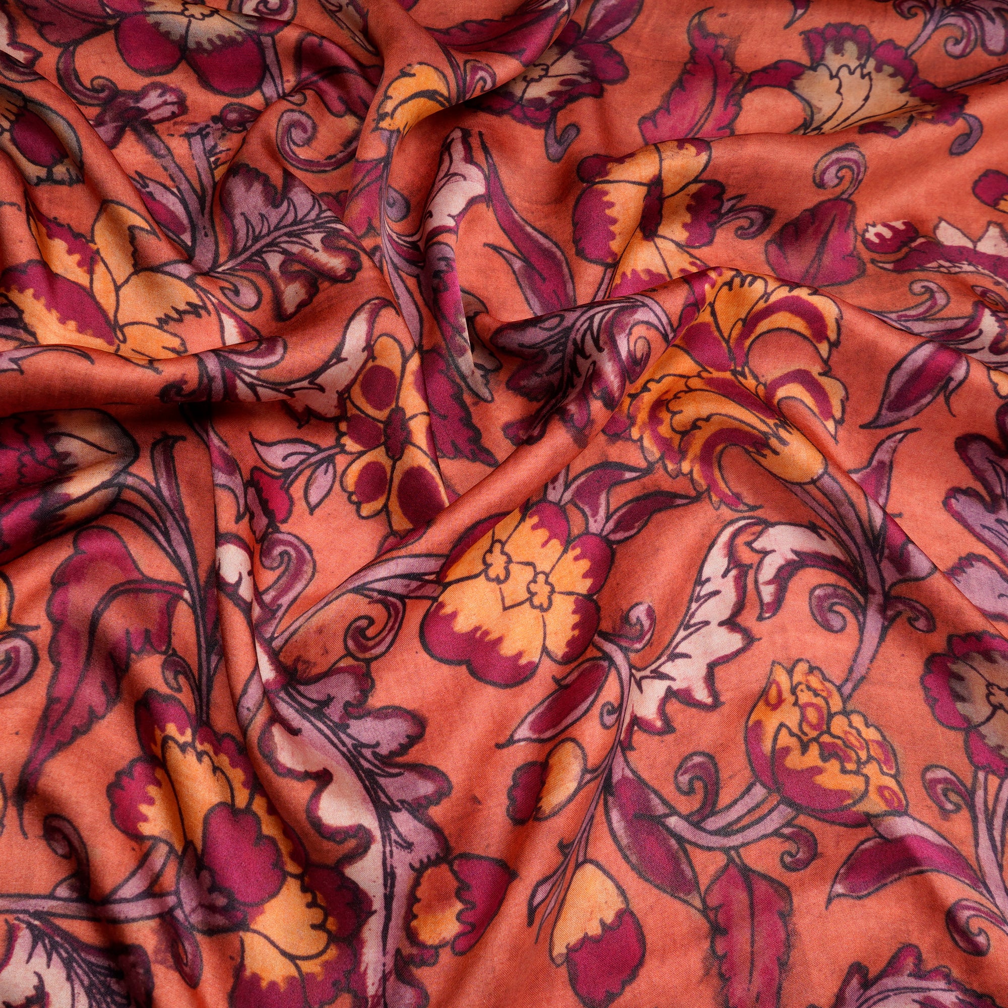 Orange Floral Pattern Digital Print Modal Satin Fabric