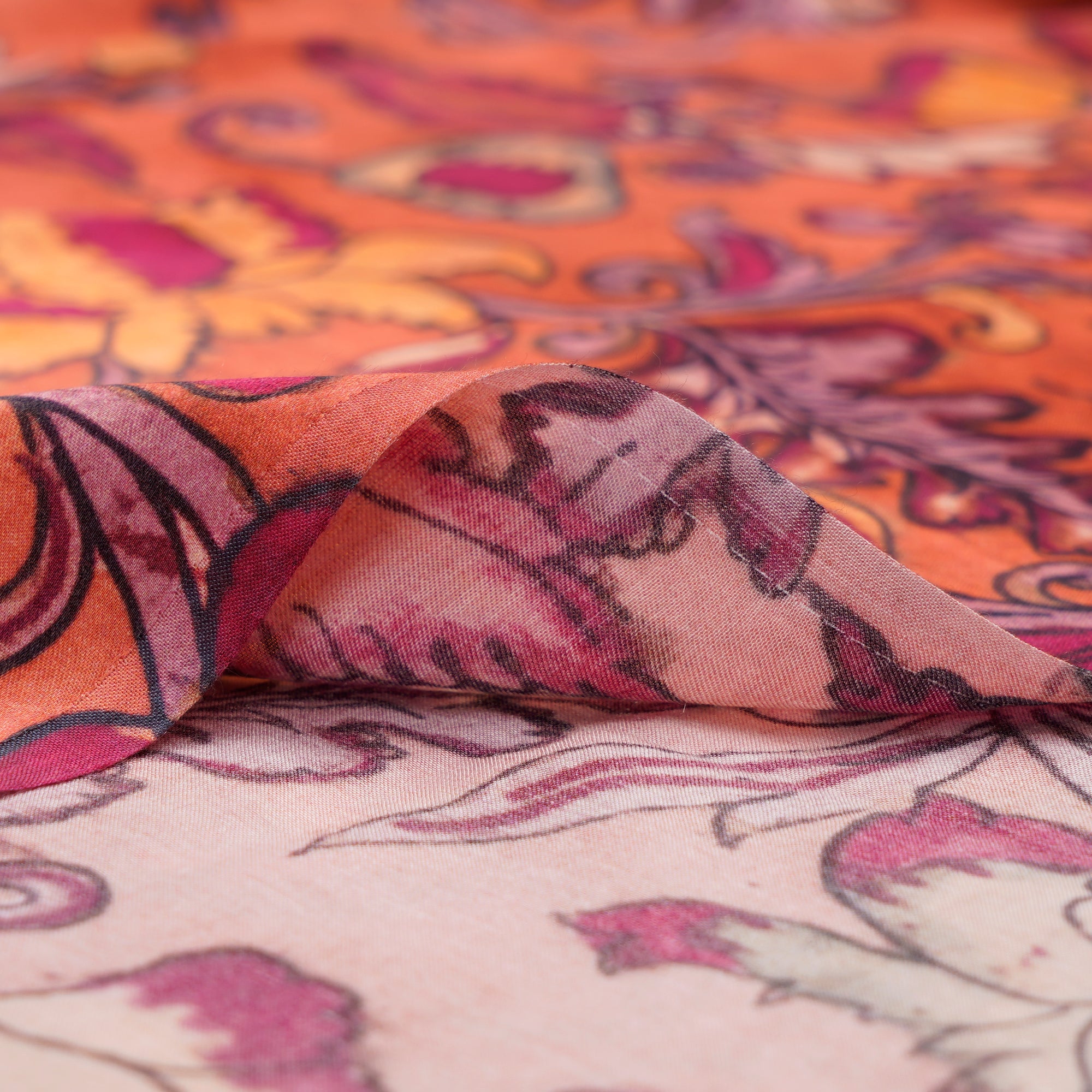Orange Floral Pattern Digital Print Modal Satin Fabric