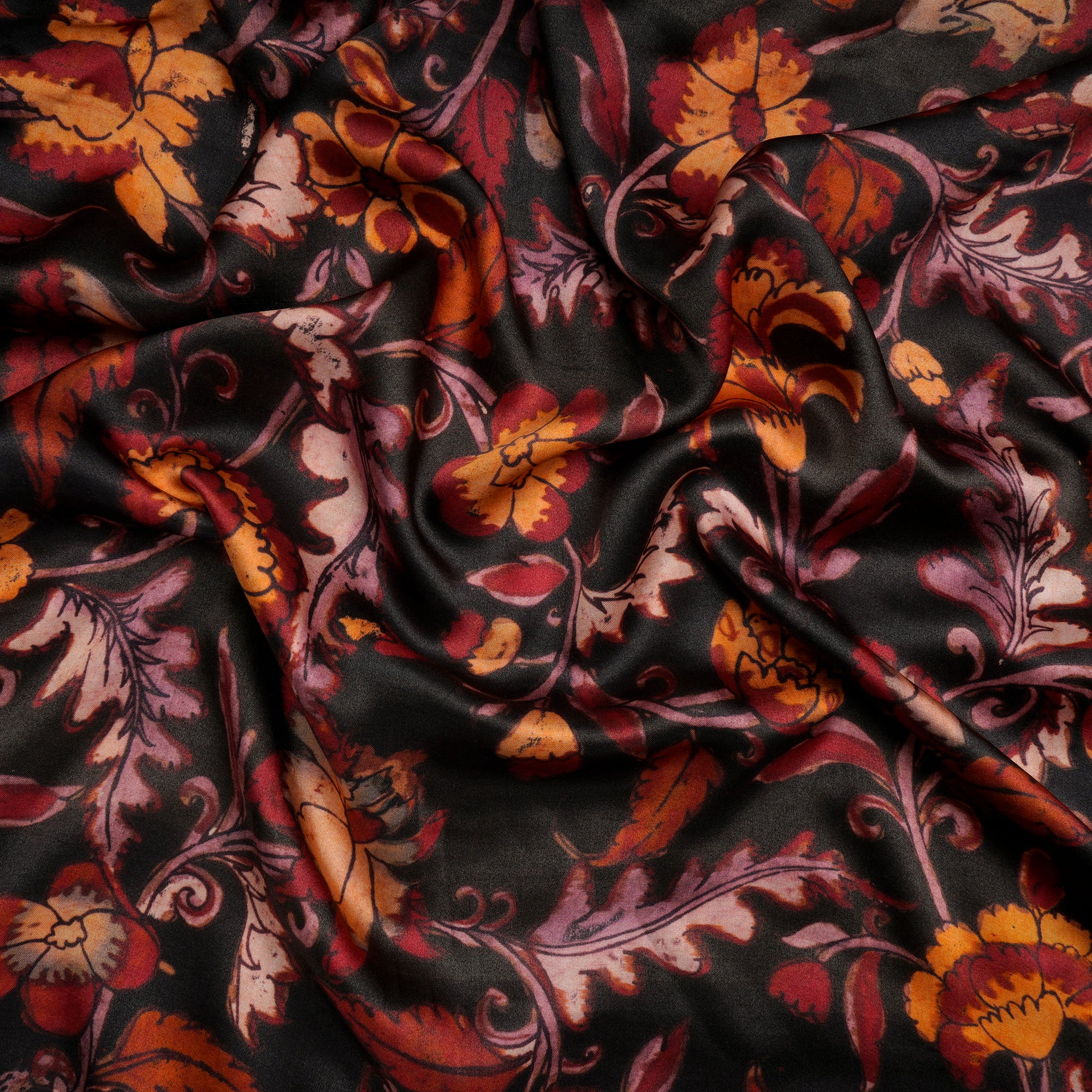 Black Floral Pattern Digital Print Modal Satin Fabric