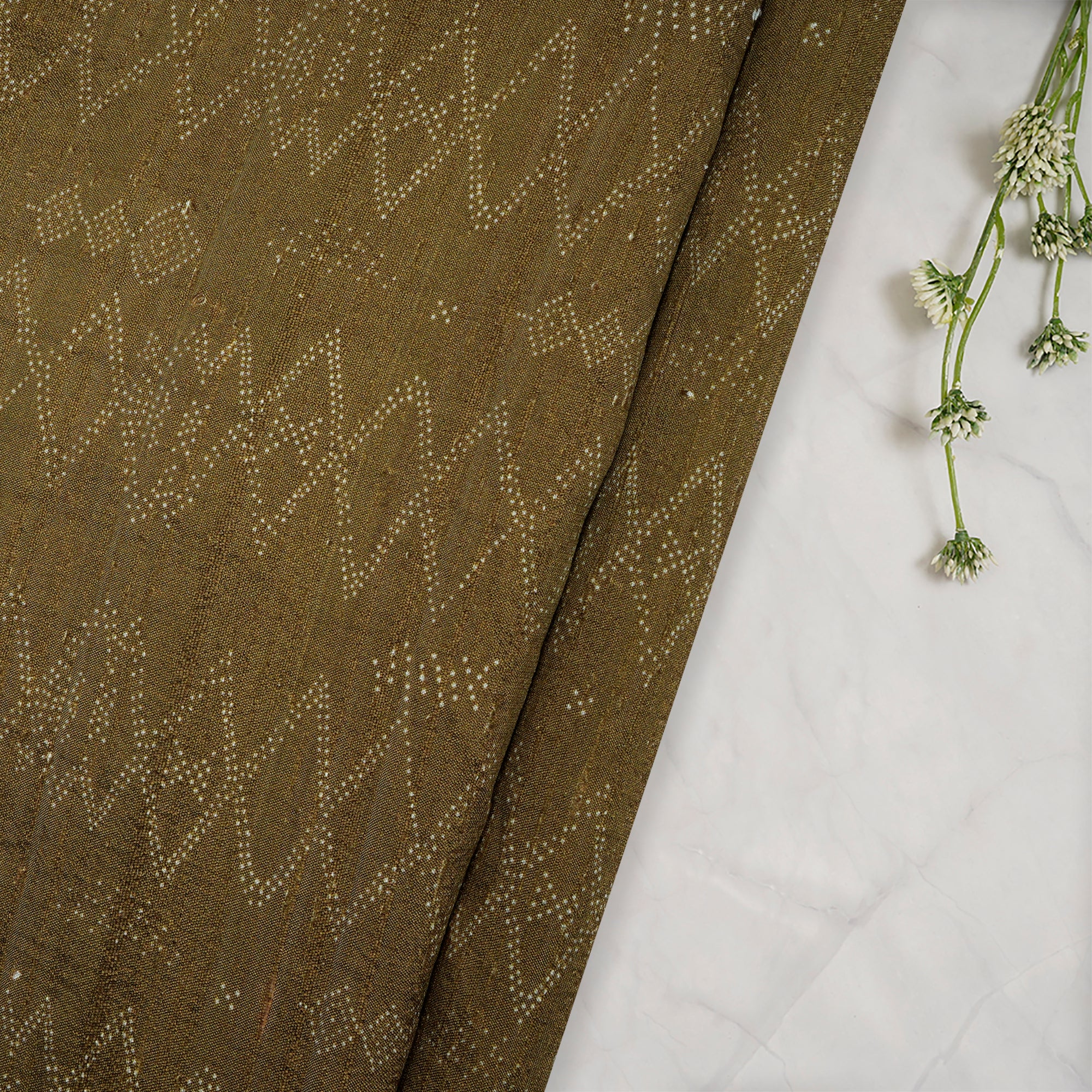 Olive Green All Over Pattern Digital Print Raw Silk Fabric