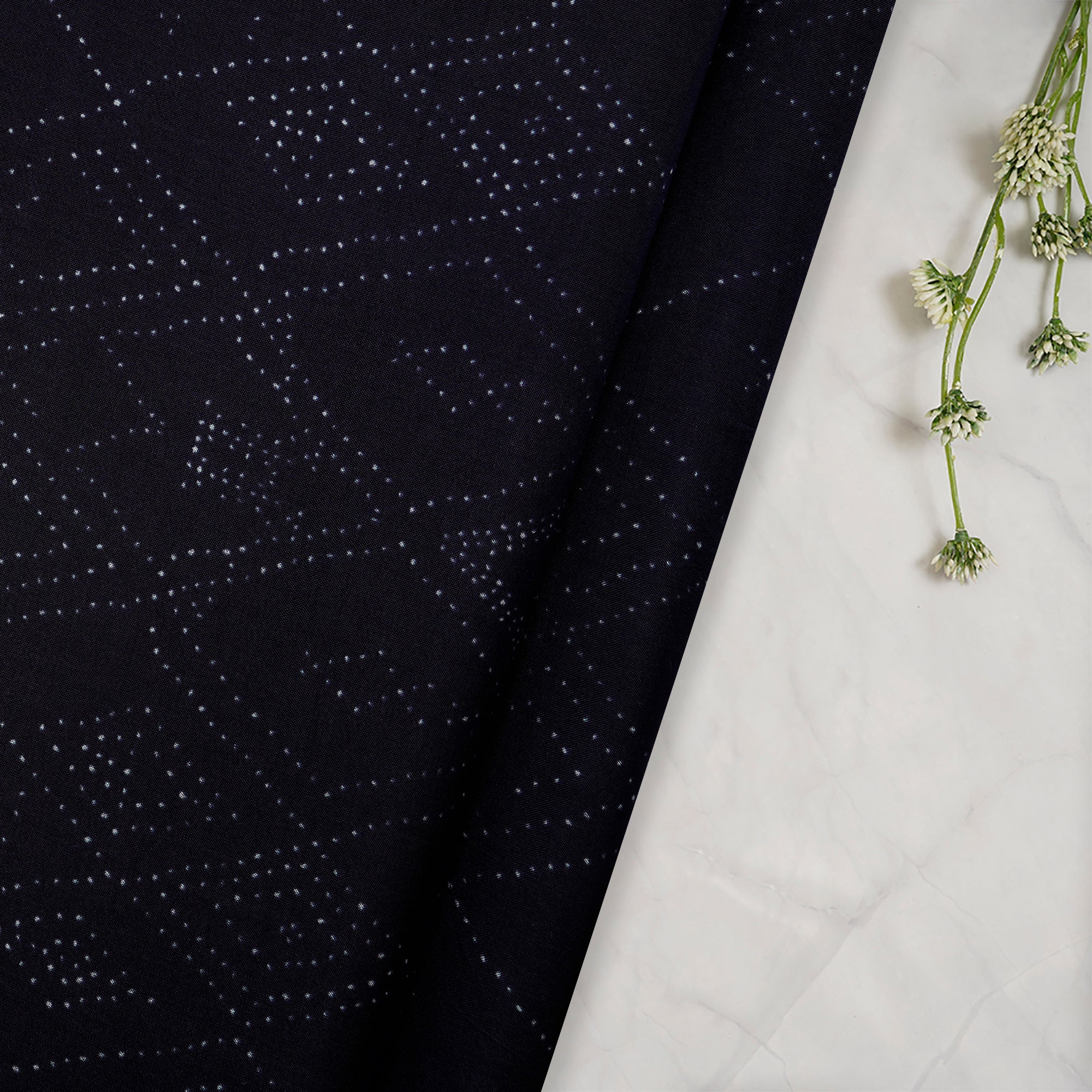 Navy Blue Geometric Pattern Digital Printed Mulbury Silk Fabric