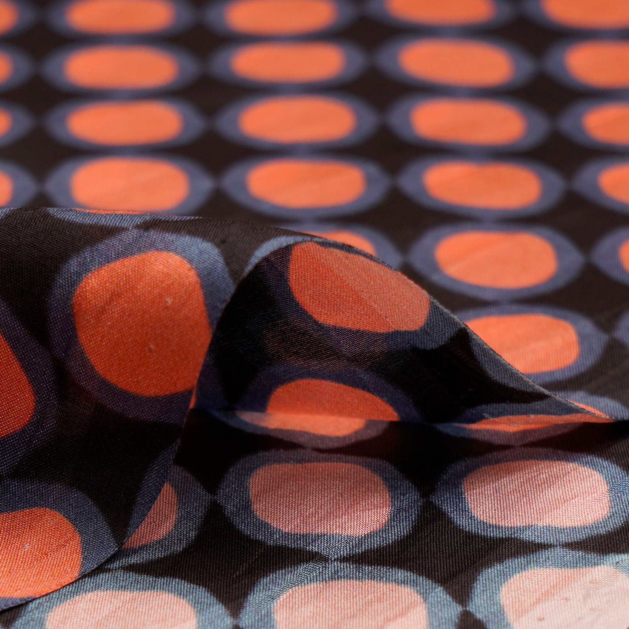 Black-Peach All Over Pattern Digital Print Silk Fabric