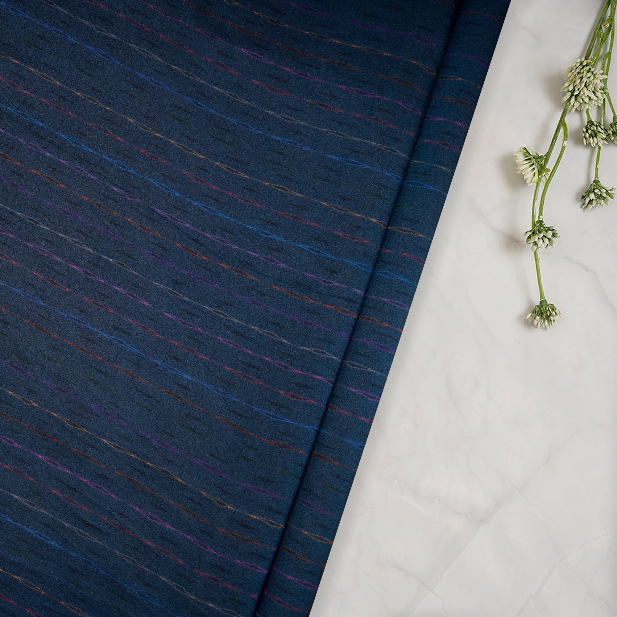 Navy Blue Stripe Pattern Digital Print Habotai Silk Fabric