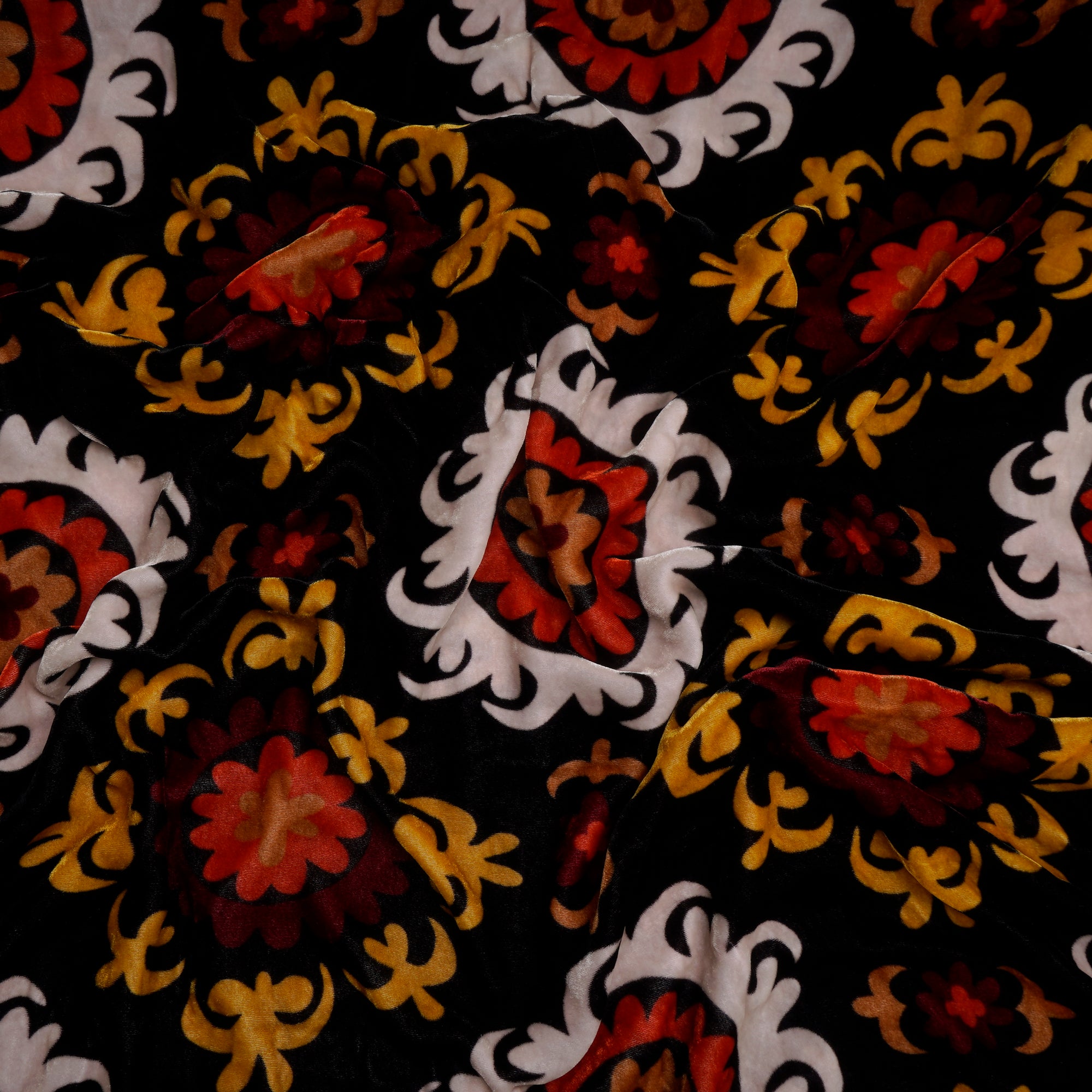 Black Floral Pattern Digital Print Silk Velvet Fabric