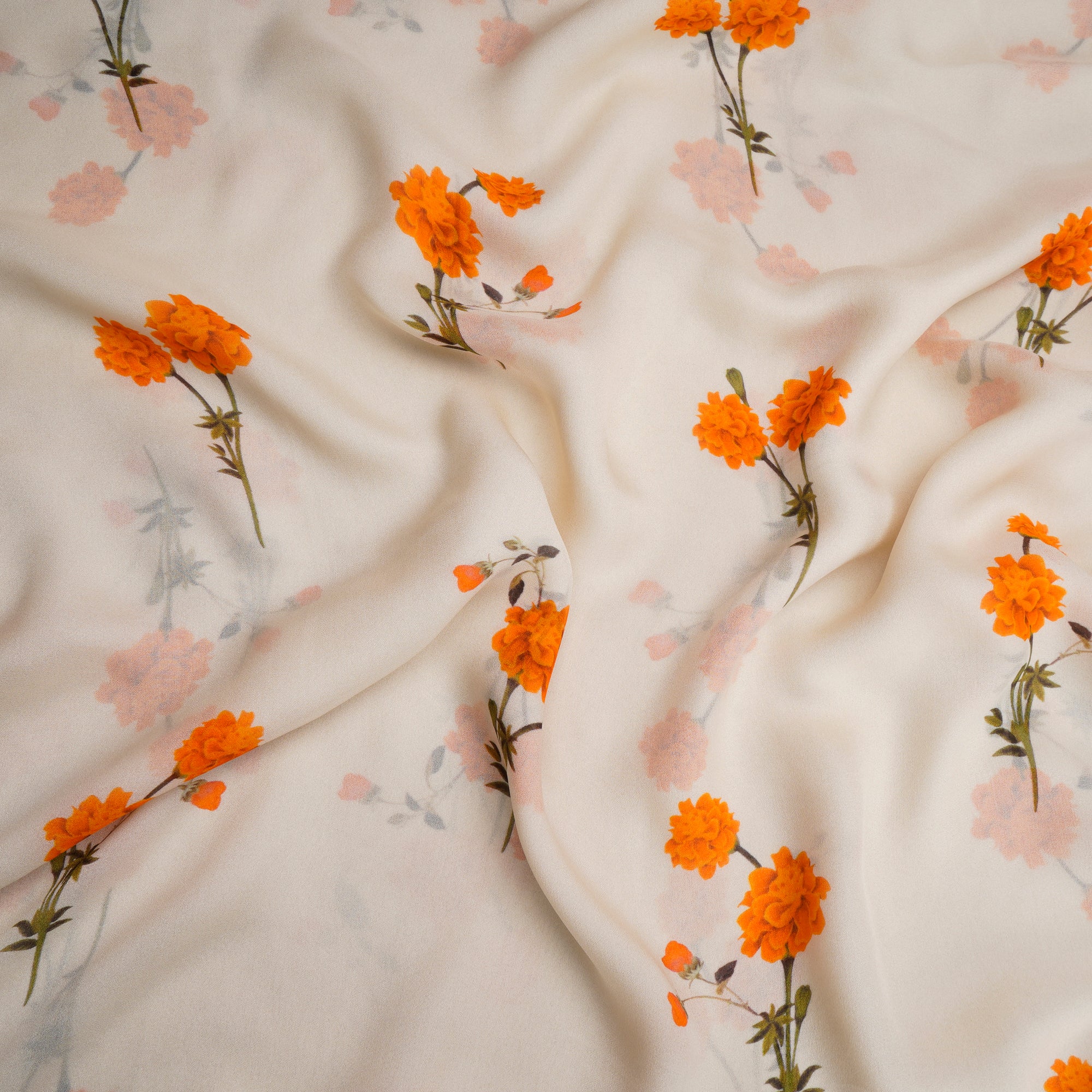 Off-White Floral Pattern Digital Print Silk Fabric