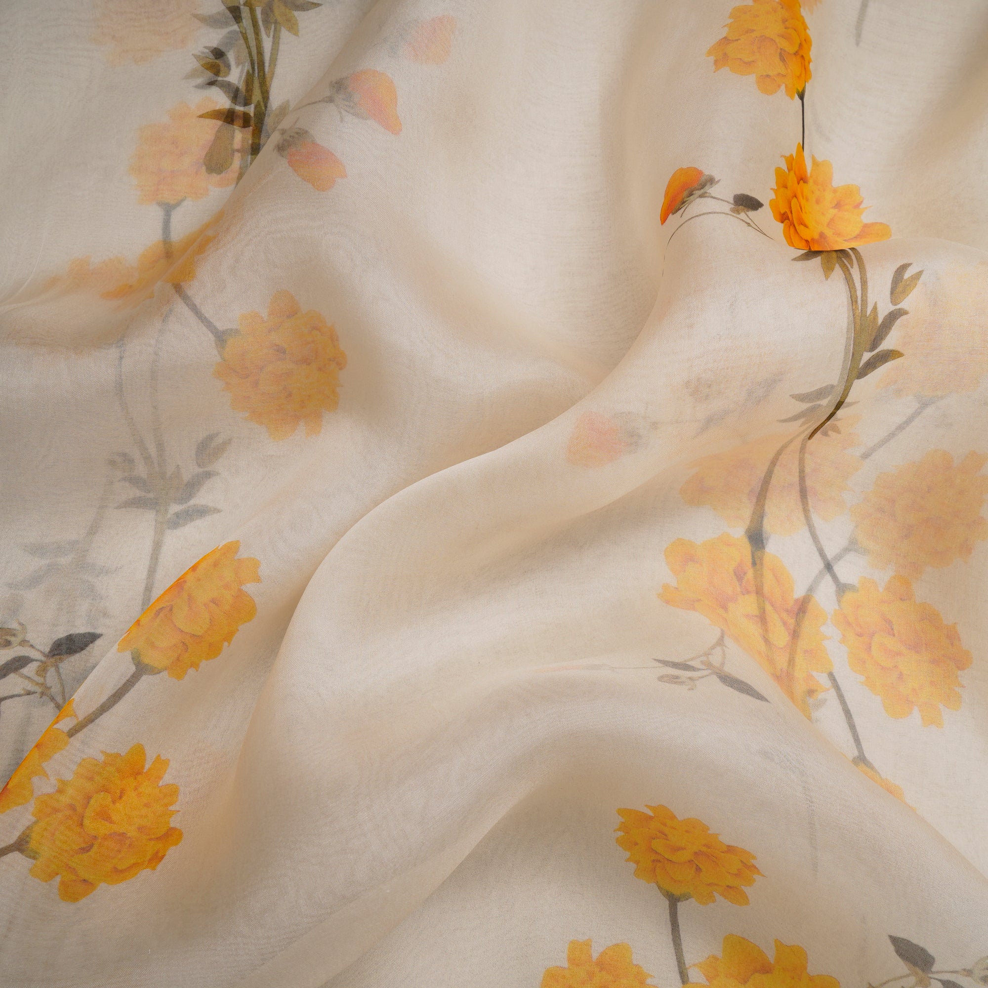 Off-White Floral Pattern Digital Print Organza Silk Fabric