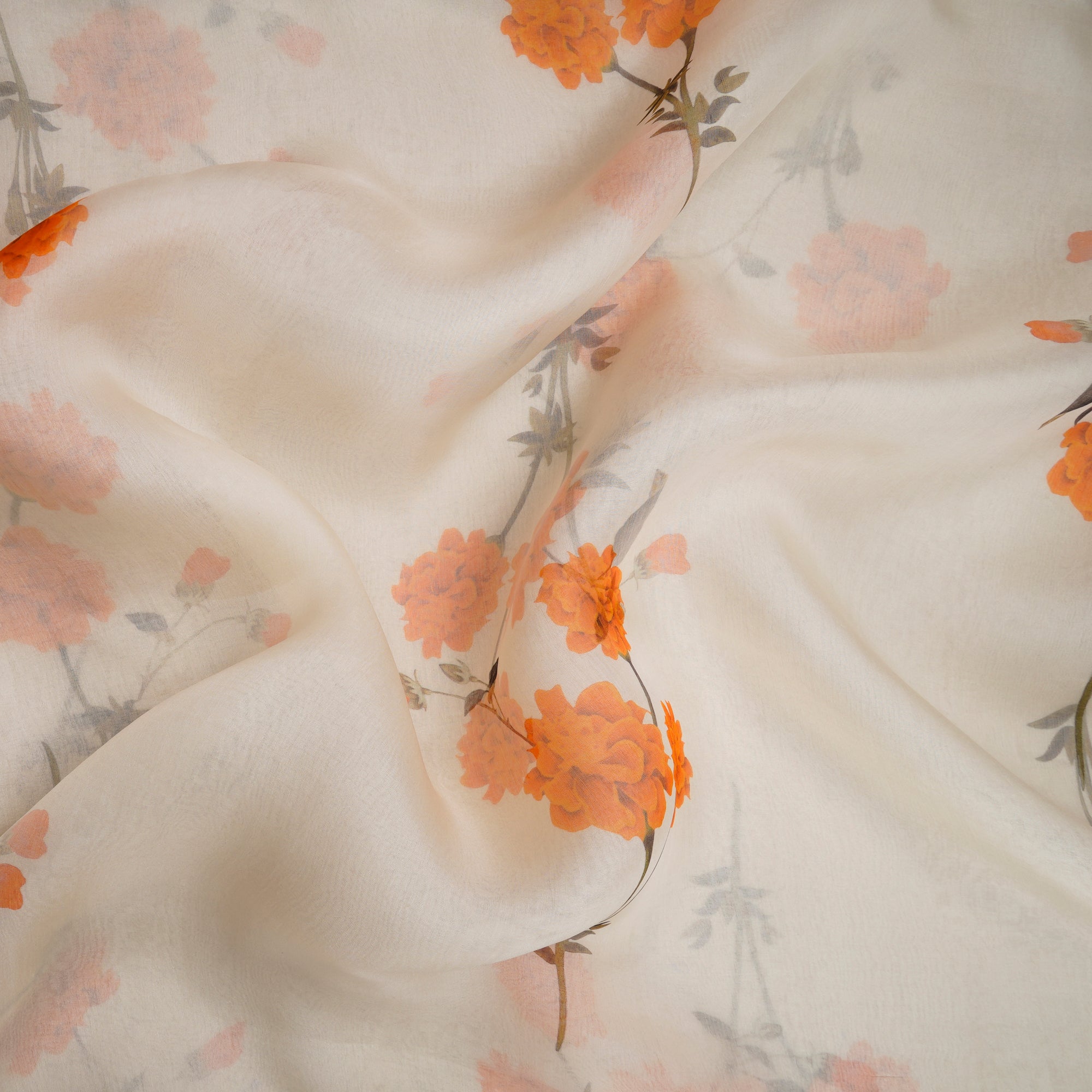 Off-White Floral Pattern Digital Print Organza Silk Fabric