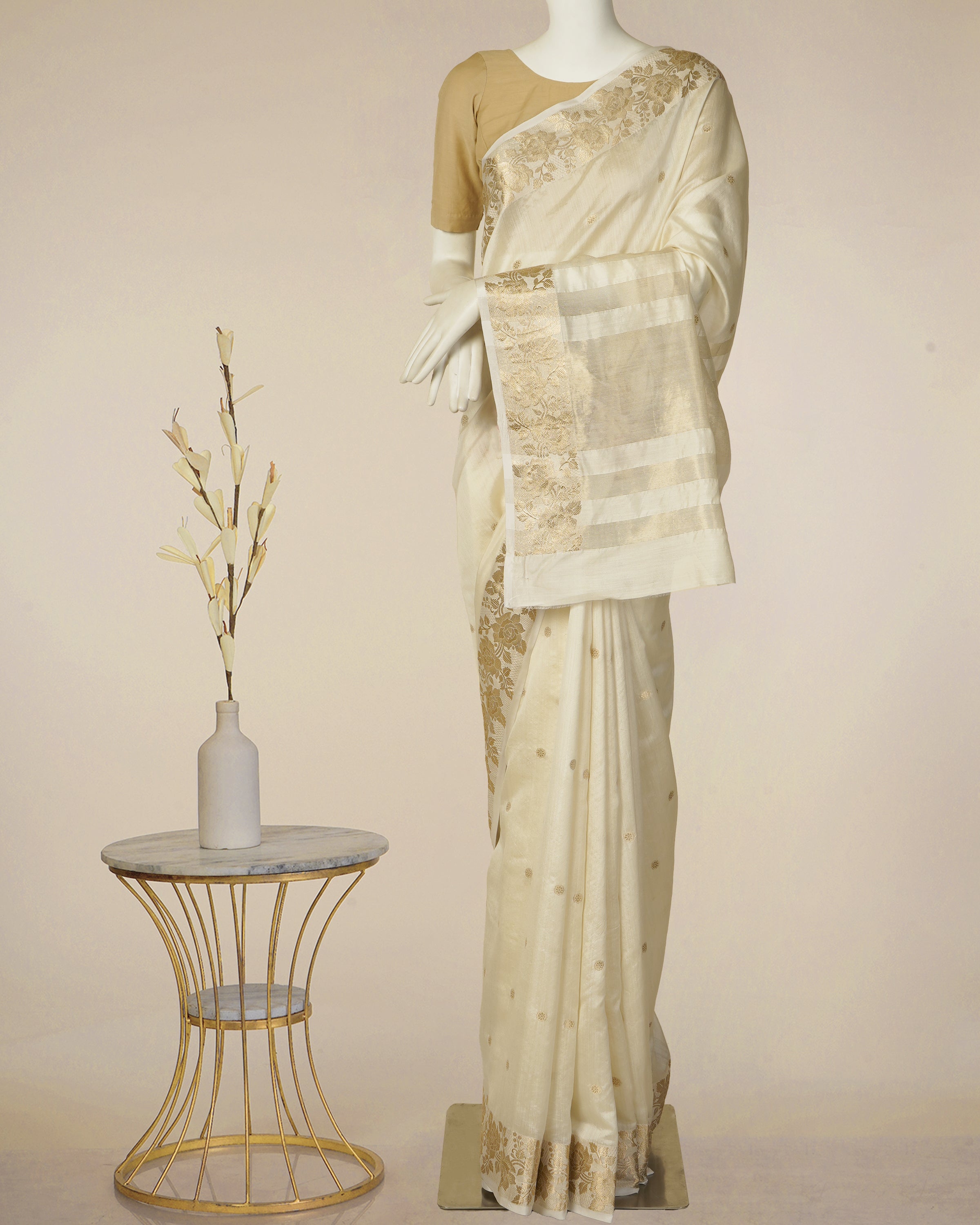 Off White Color Handwoven Gold Booti Fancy Chanderi Saree with Blouse Piece