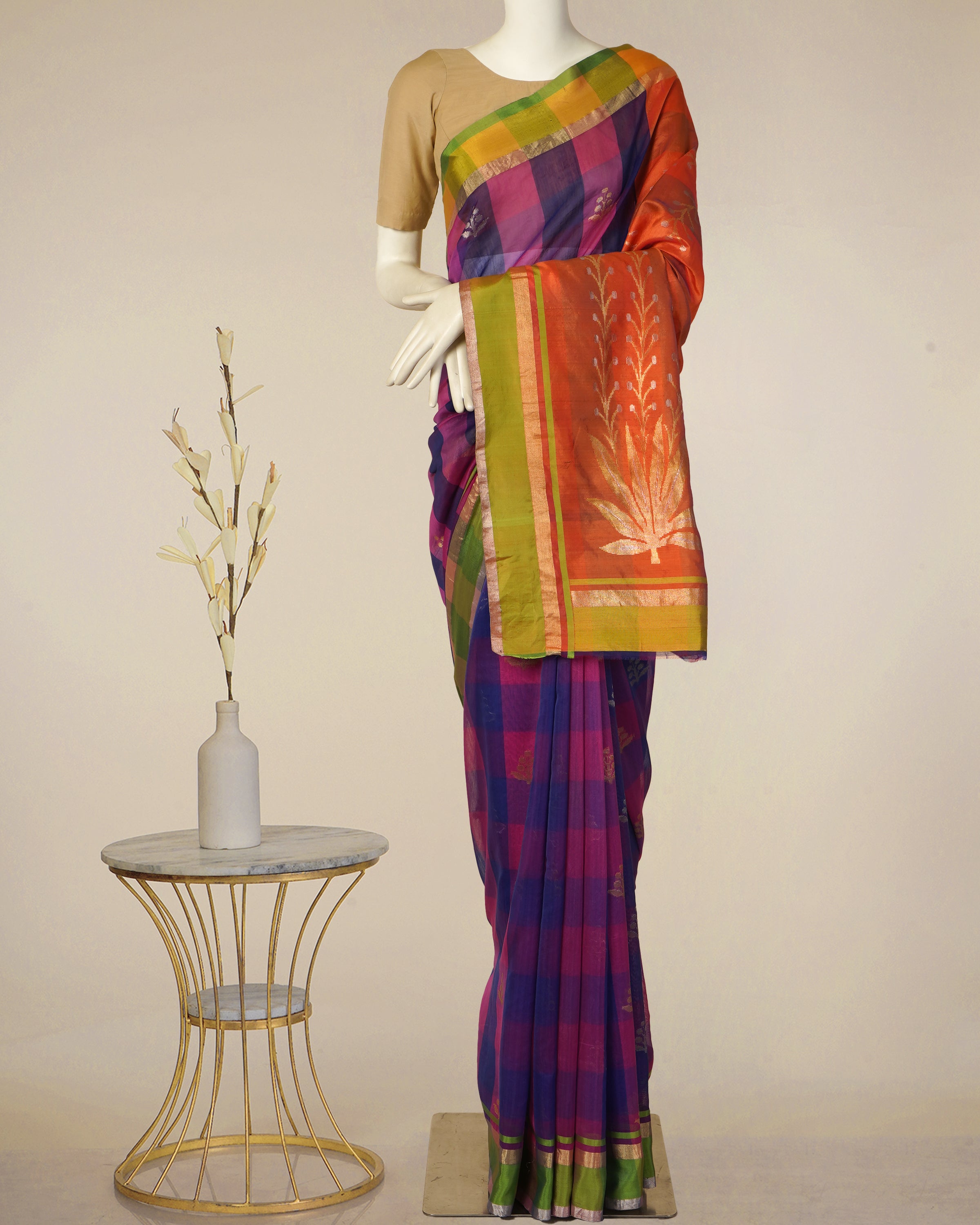 Multi Color Handwoven Chanderi Jacquard Saree with Blouse Piece