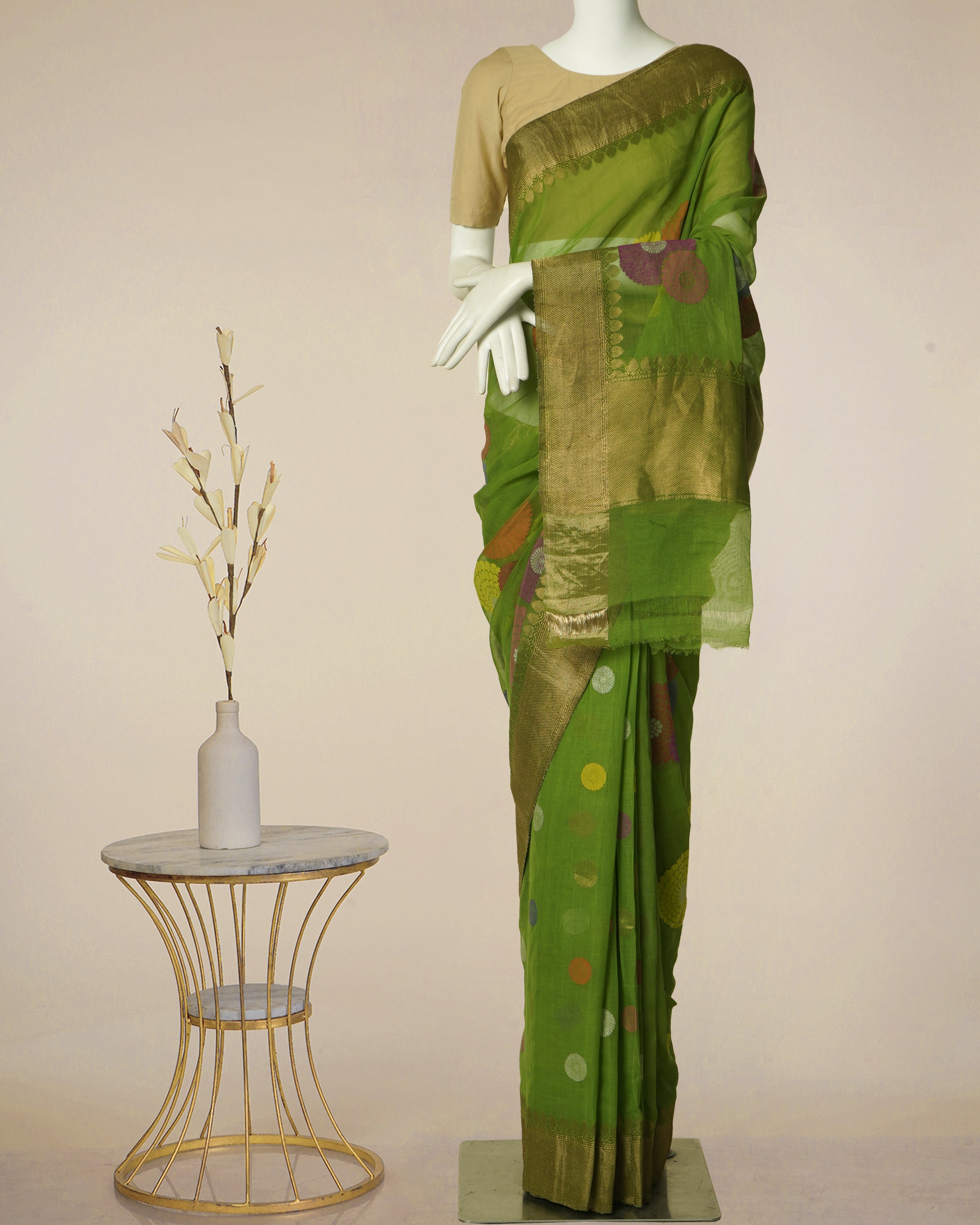 Green Color Handwoven Kadwa Boota Saree with Blouse Piece