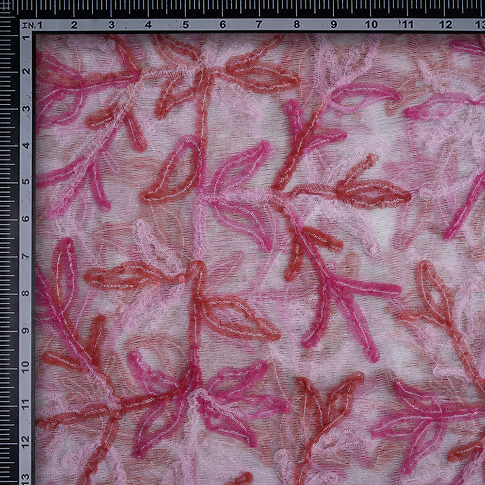 Off White-Pink Color Embroidered Nylon Net Fabric