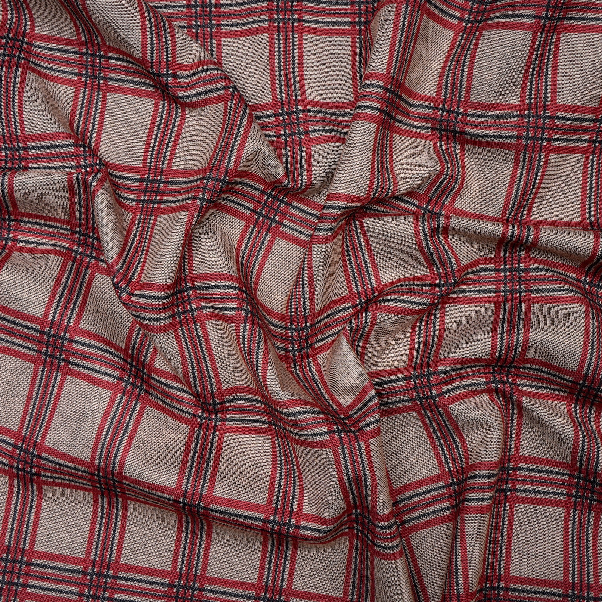 Beige-Red Check Pattern Premium Men's Collection Printed Stretch Roma Fabric (60" Width)